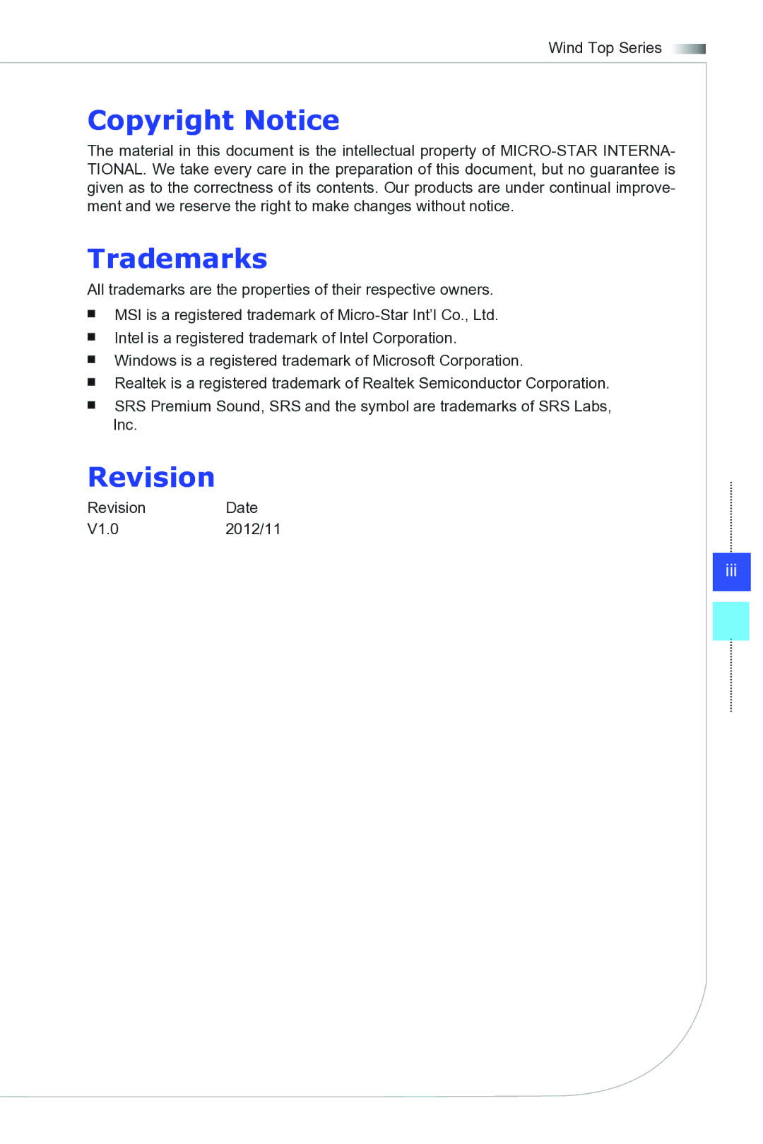 MSI Wind-Top-AE1941 manual Copyright Notice, Trademarks, Revision 