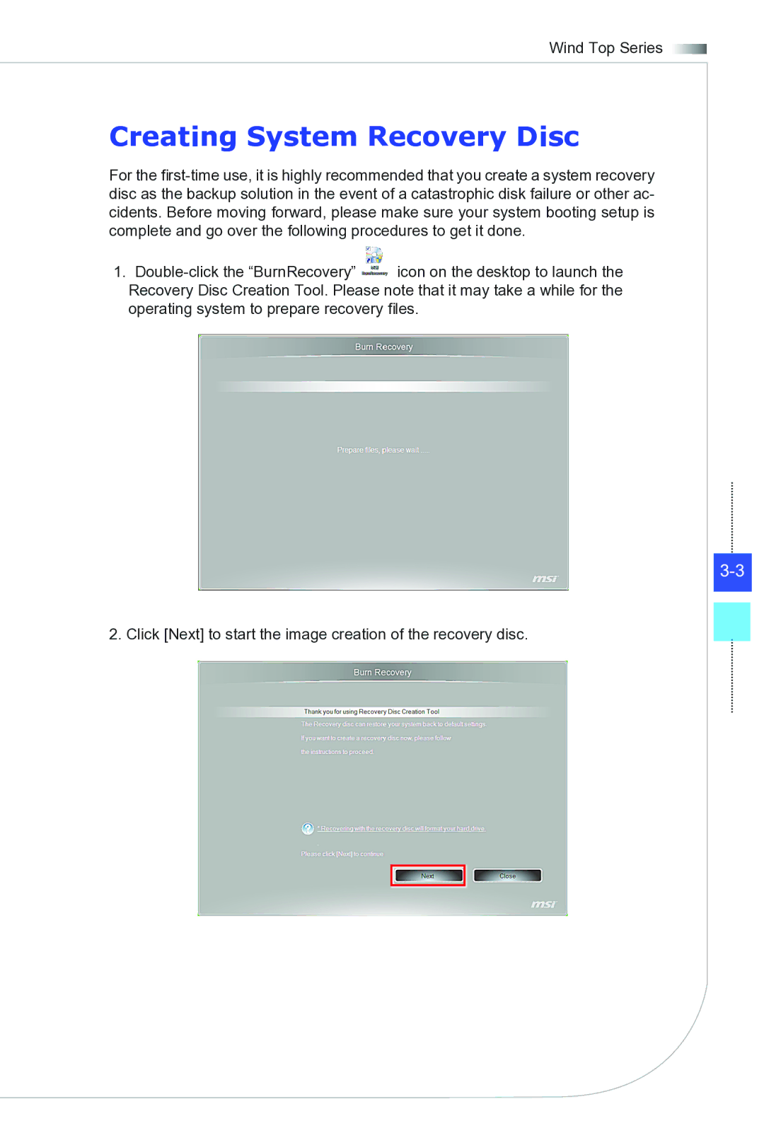 MSI Wind-Top-AE1941 manual Creating System Recovery Disc 