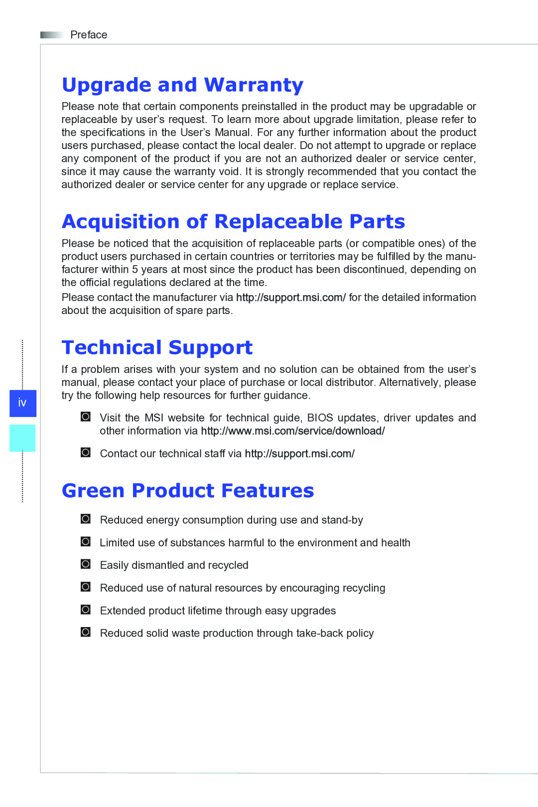 MSI Wind-Top-AE1941 Upgrade and Warranty, Acquisition of Replaceable Parts, Technical Support, Green Product Features 