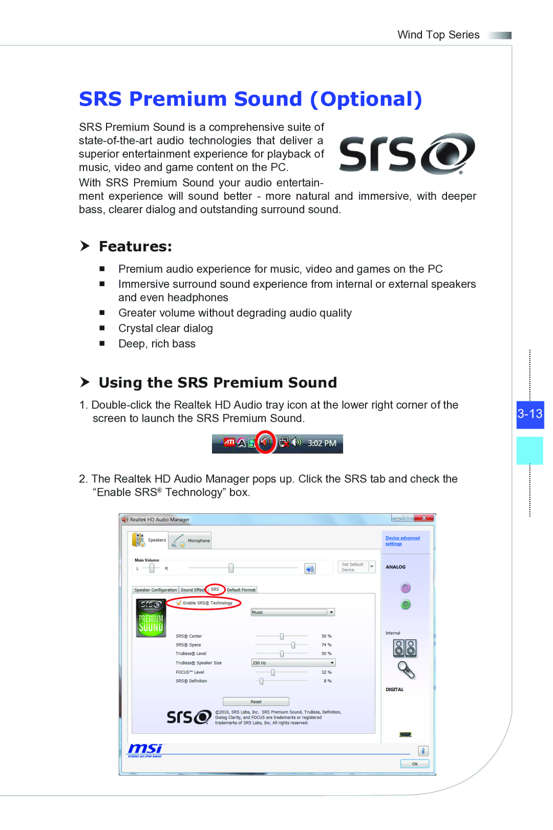 MSI Wind-Top-AE1941 manual SRS Premium Sound Optional,  Features,  Using the SRS Premium Sound 