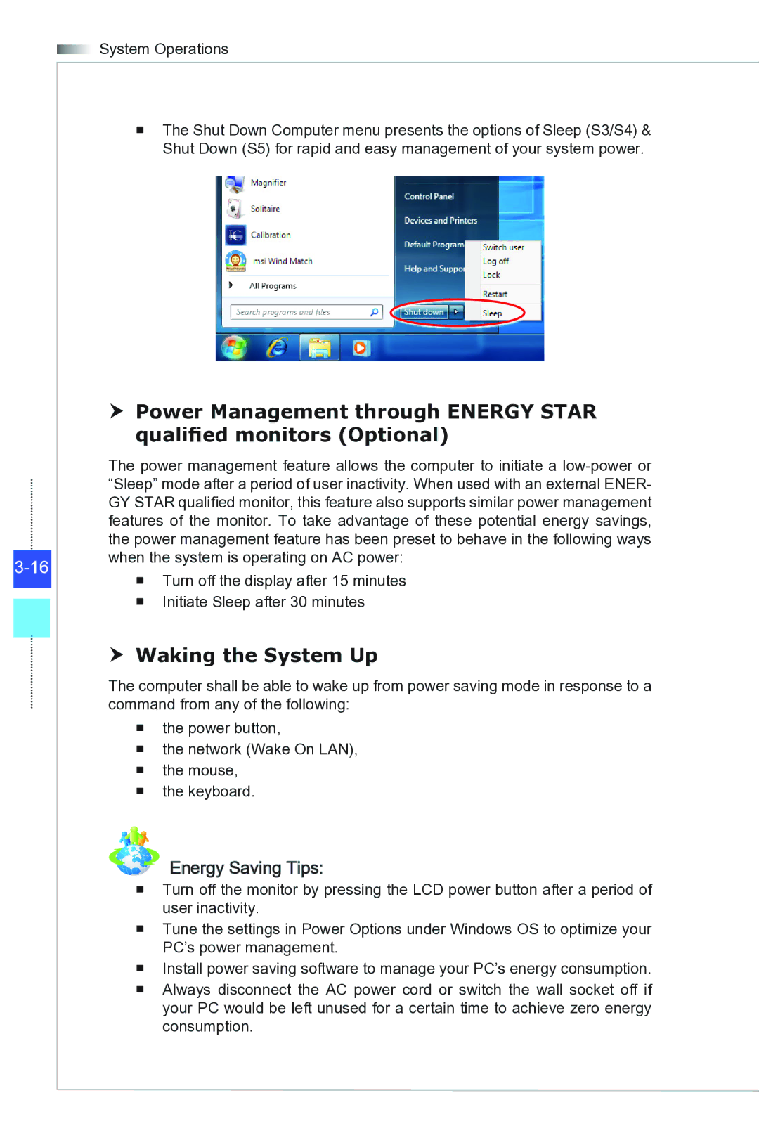 MSI Wind-Top-AE1941 manual  Waking the System Up, Energy Saving Tips 