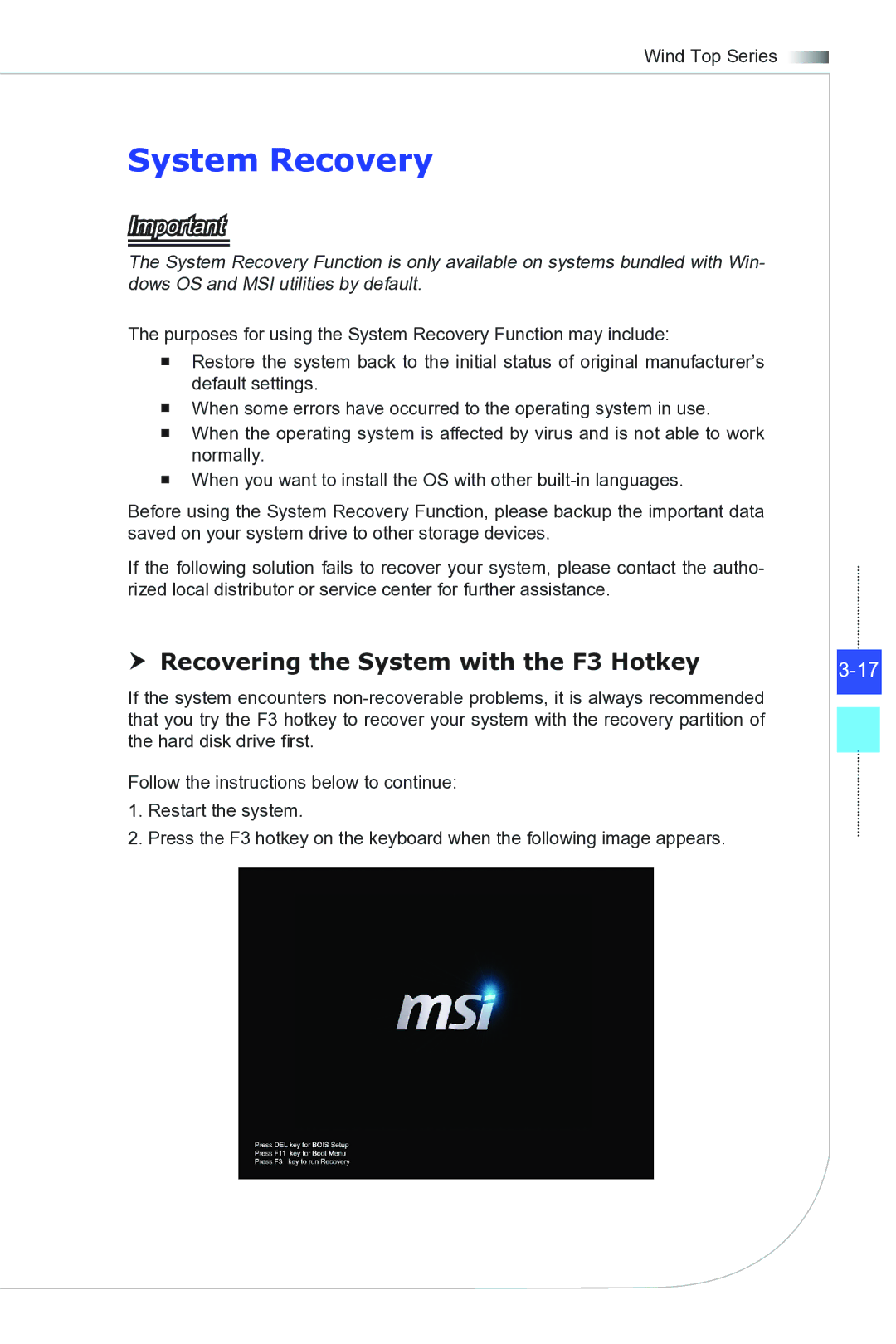 MSI Wind-Top-AE1941 manual System Recovery,  Recovering the System with the F3 Hotkey 