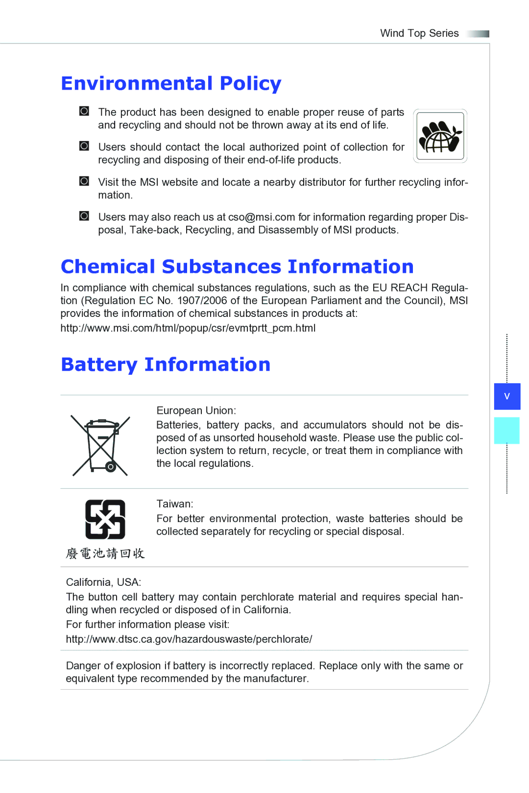 MSI Wind-Top-AE1941 manual Environmental Policy, Chemical Substances Information Battery Information 