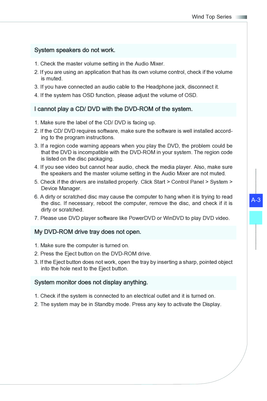 MSI Wind-Top-AE1941 manual System speakers do not work 