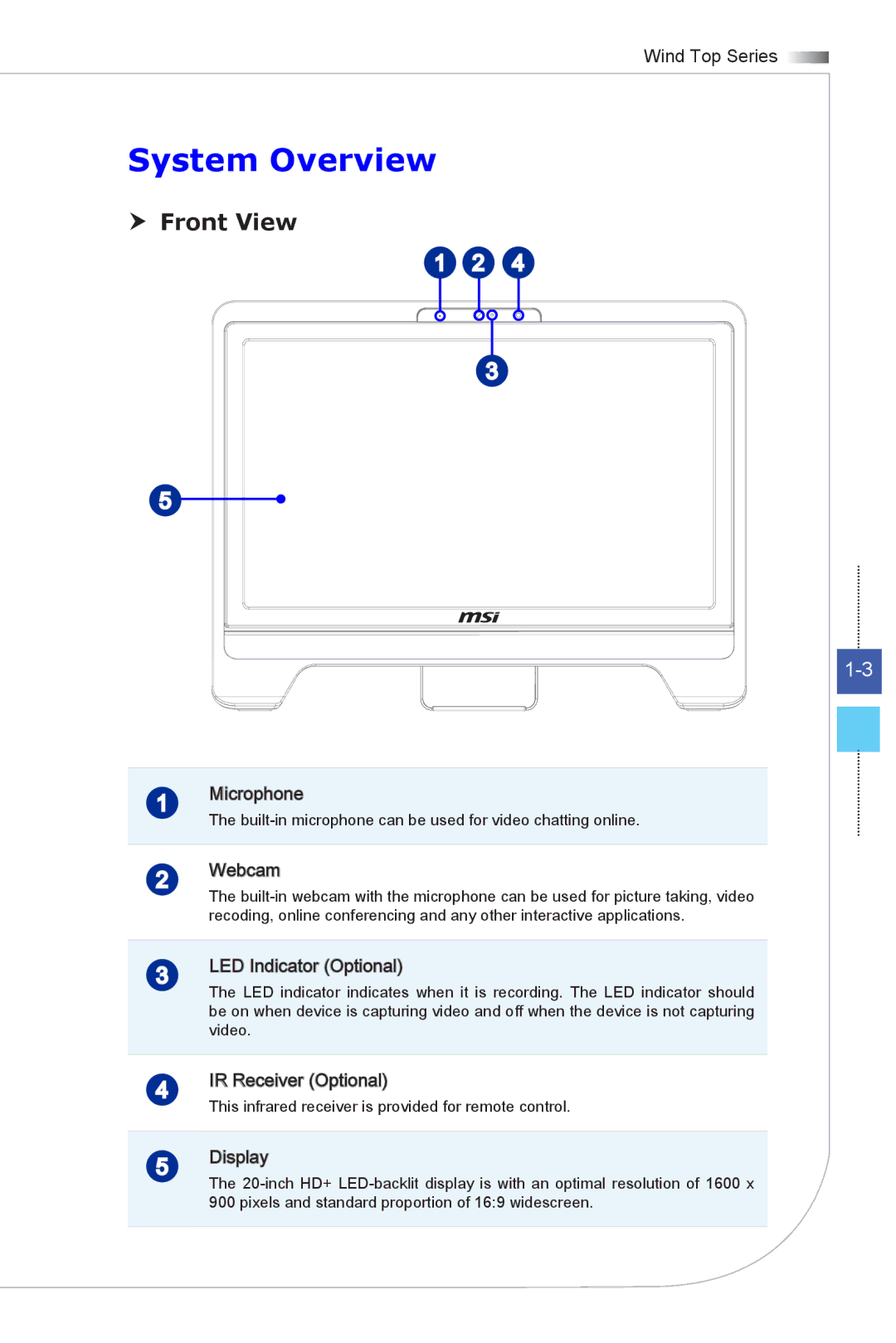 MSI Wind-Top-AE2051 manual System Overview,  Front View 