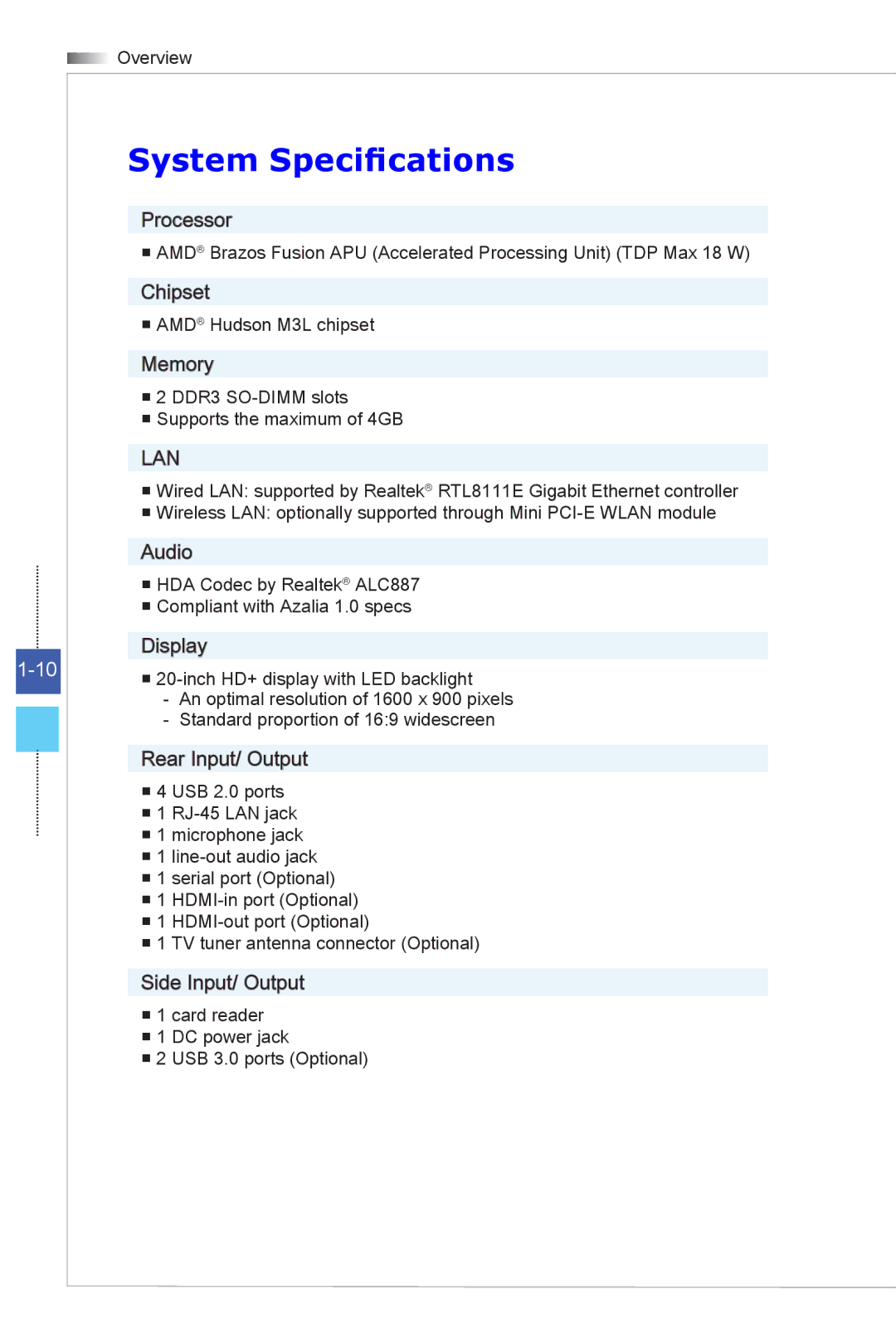 MSI Wind-Top-AE2051 manual System Specifications, Lan 