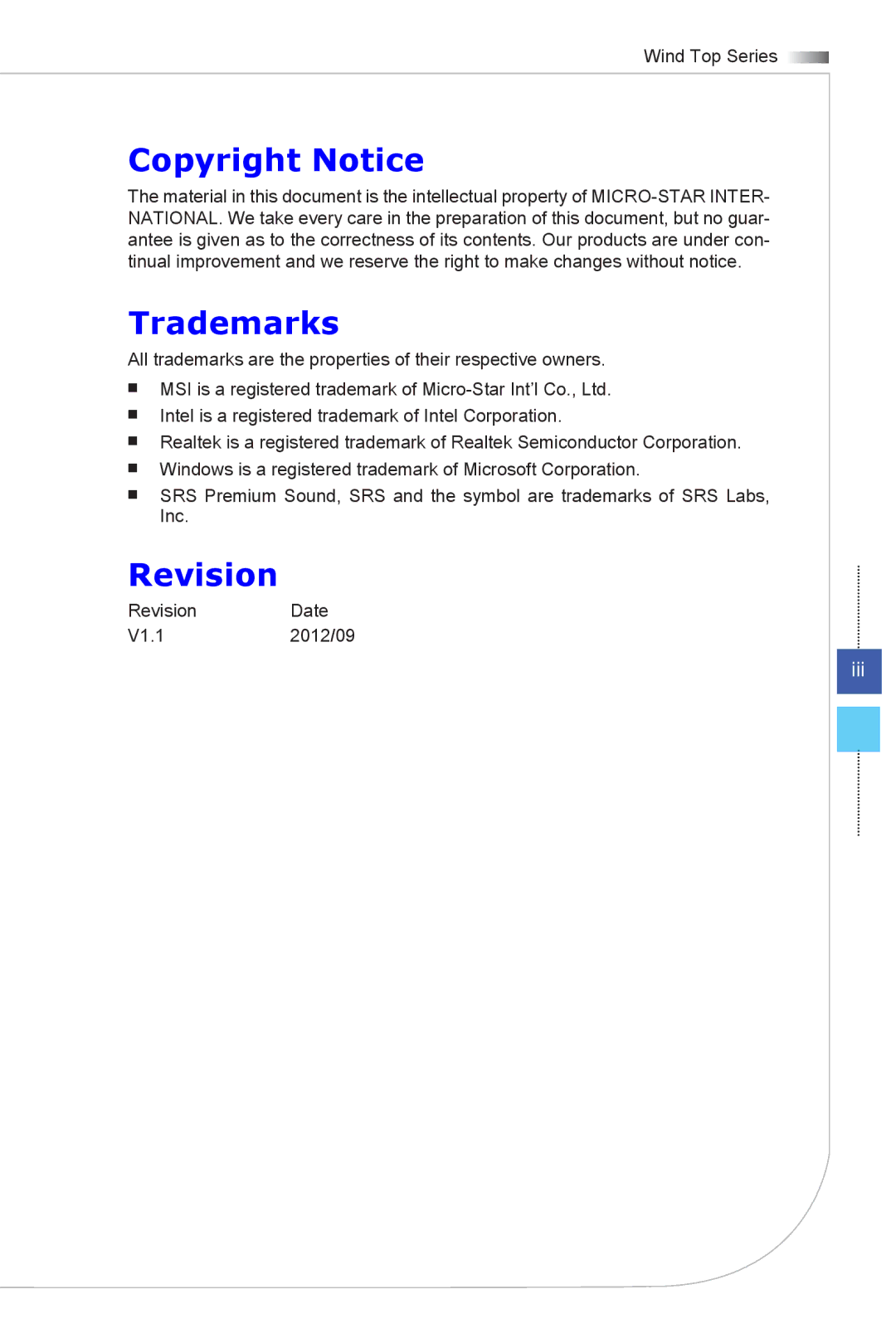 MSI Wind-Top-AE2051 manual Copyright Notice, Trademarks, Revision 