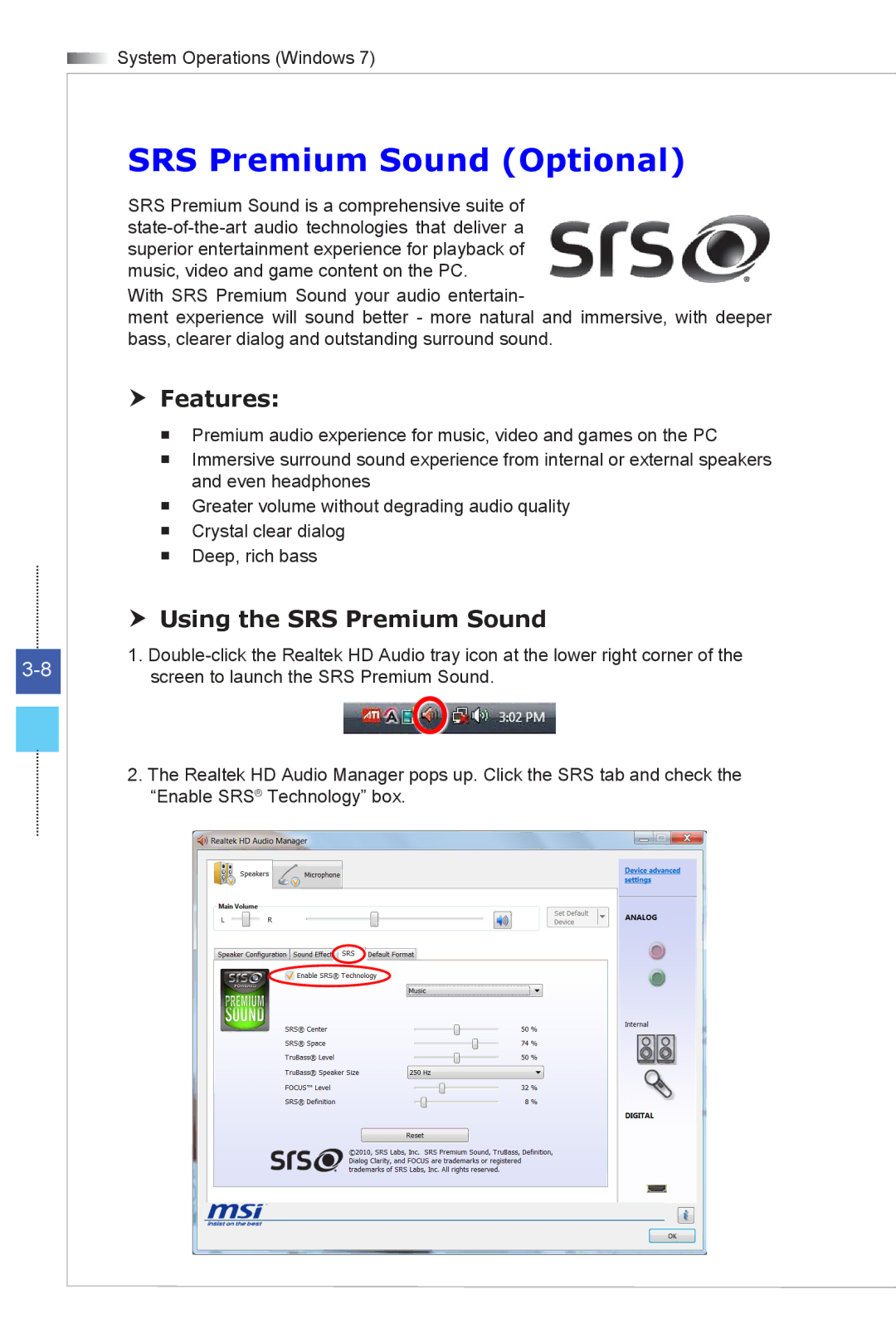 MSI Wind-Top-AE2051 manual SRS Premium Sound Optional,  Features,  Using the SRS Premium Sound 