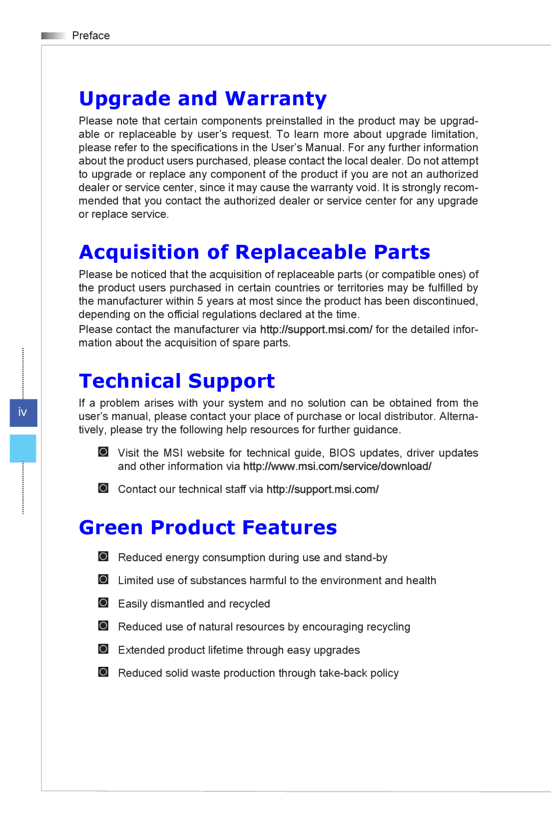 MSI Wind-Top-AE2051 Upgrade and Warranty, Acquisition of Replaceable Parts, Technical Support, Green Product Features 