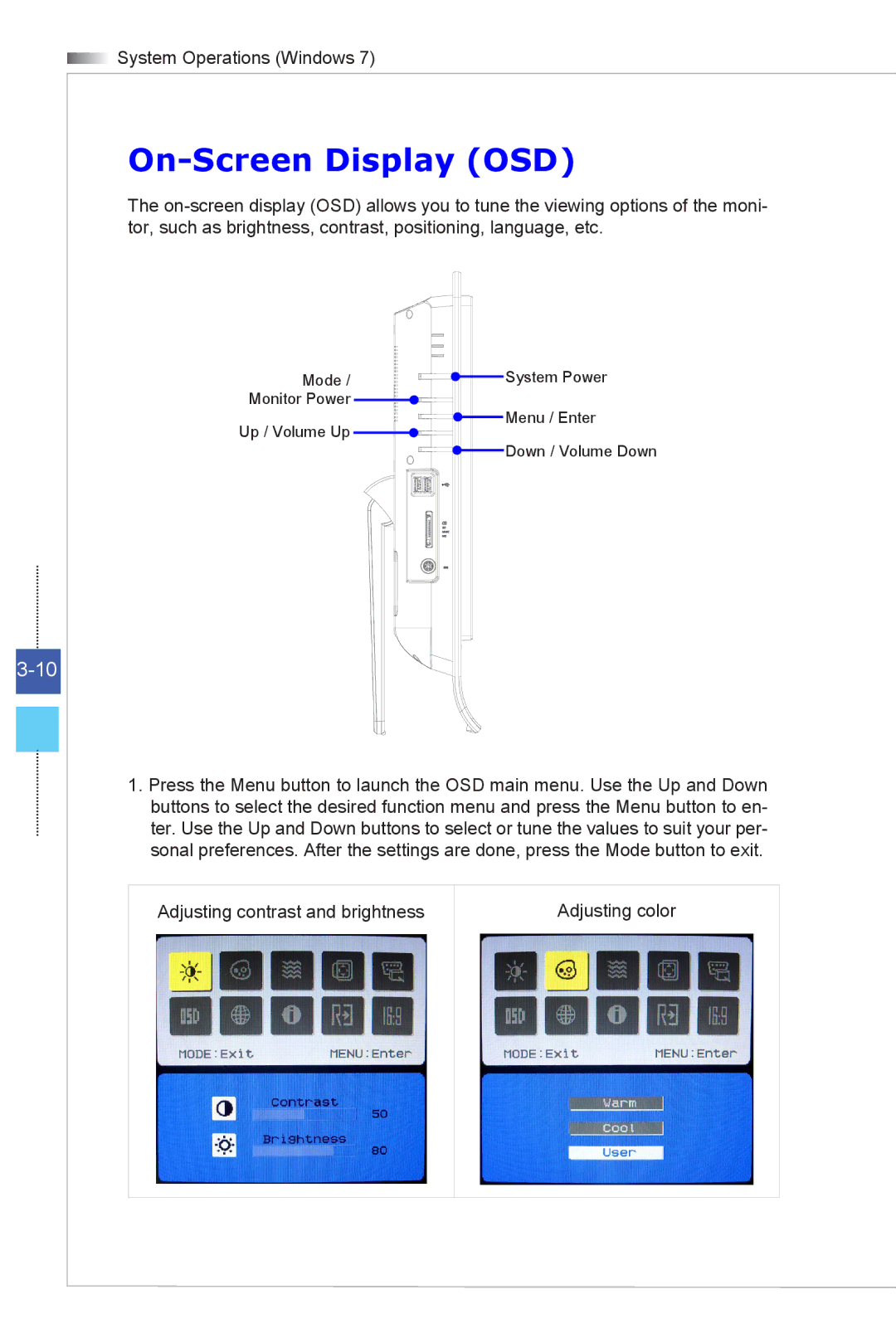 MSI Wind-Top-AE2051 manual On-Screen Display OSD 