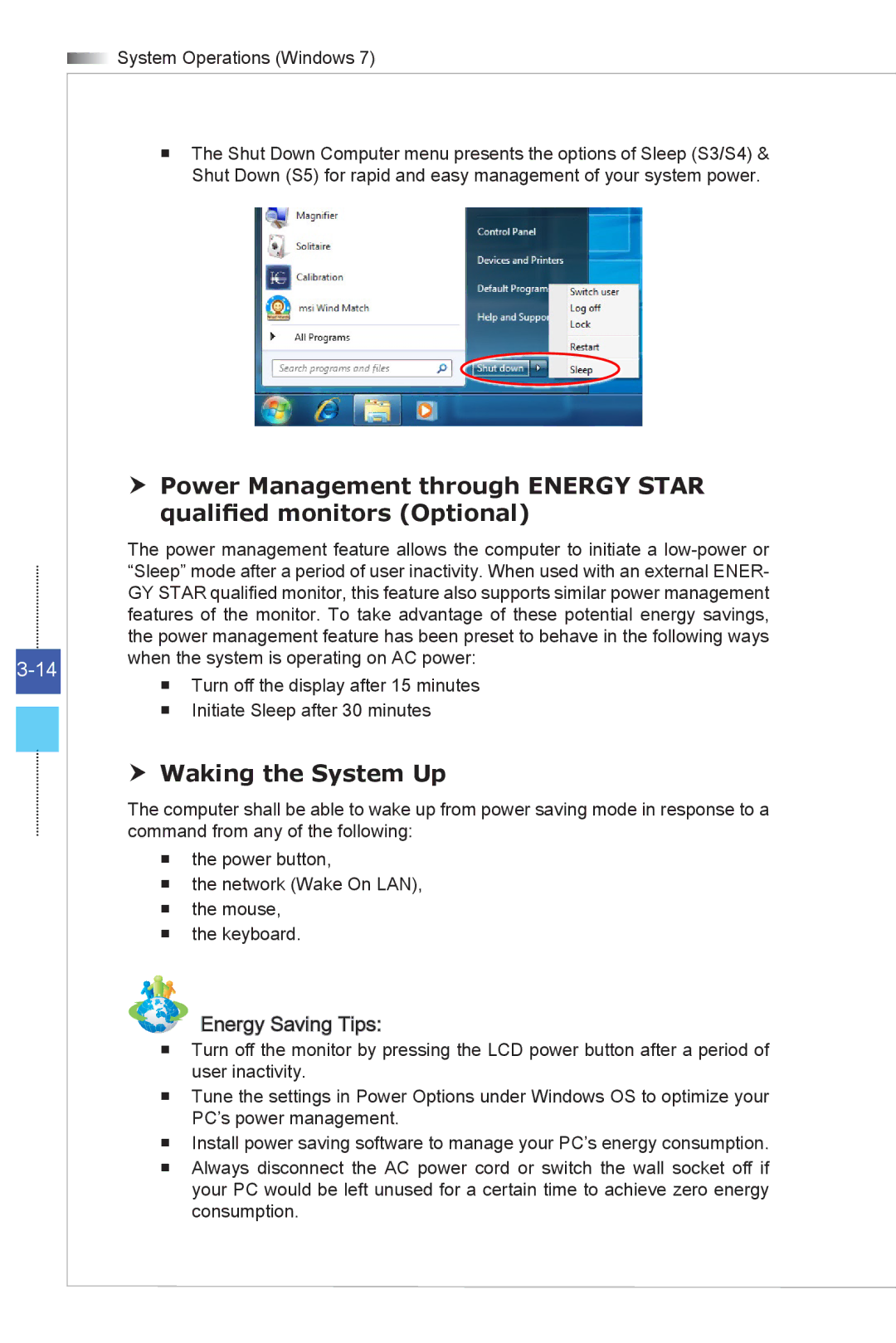 MSI Wind-Top-AE2051 manual  Waking the System Up, Energy Saving Tips 