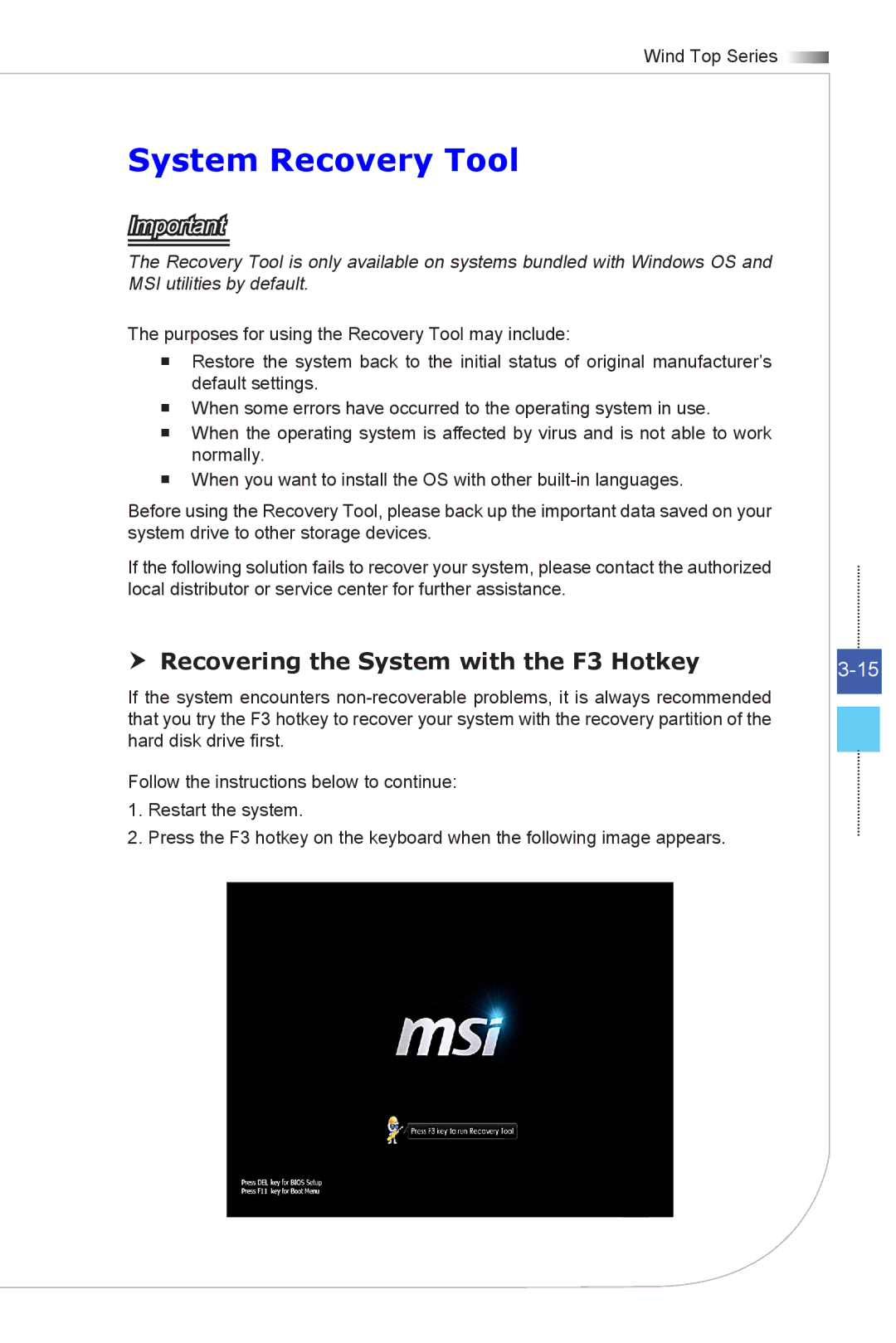 MSI Wind-Top-AE2051 manual System Recovery Tool,  Recovering the System with the F3 Hotkey 