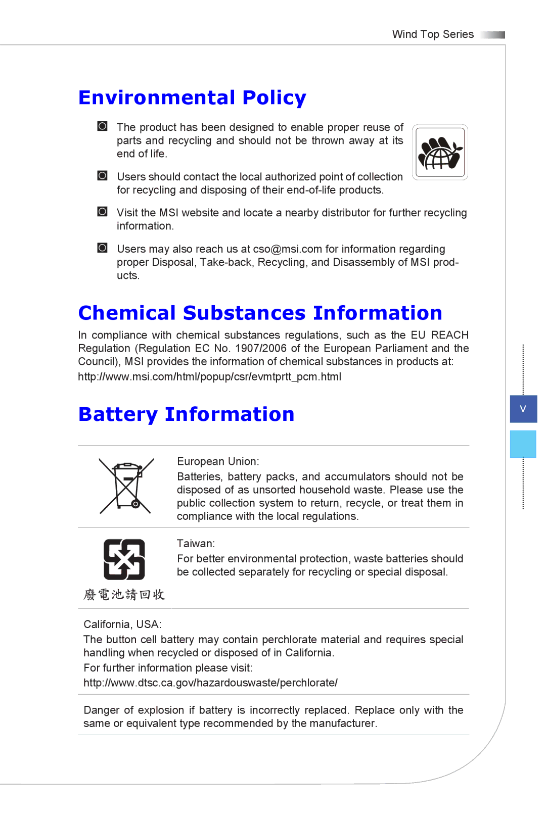 MSI Wind-Top-AE2051 manual Environmental Policy, Chemical Substances Information Battery Information 