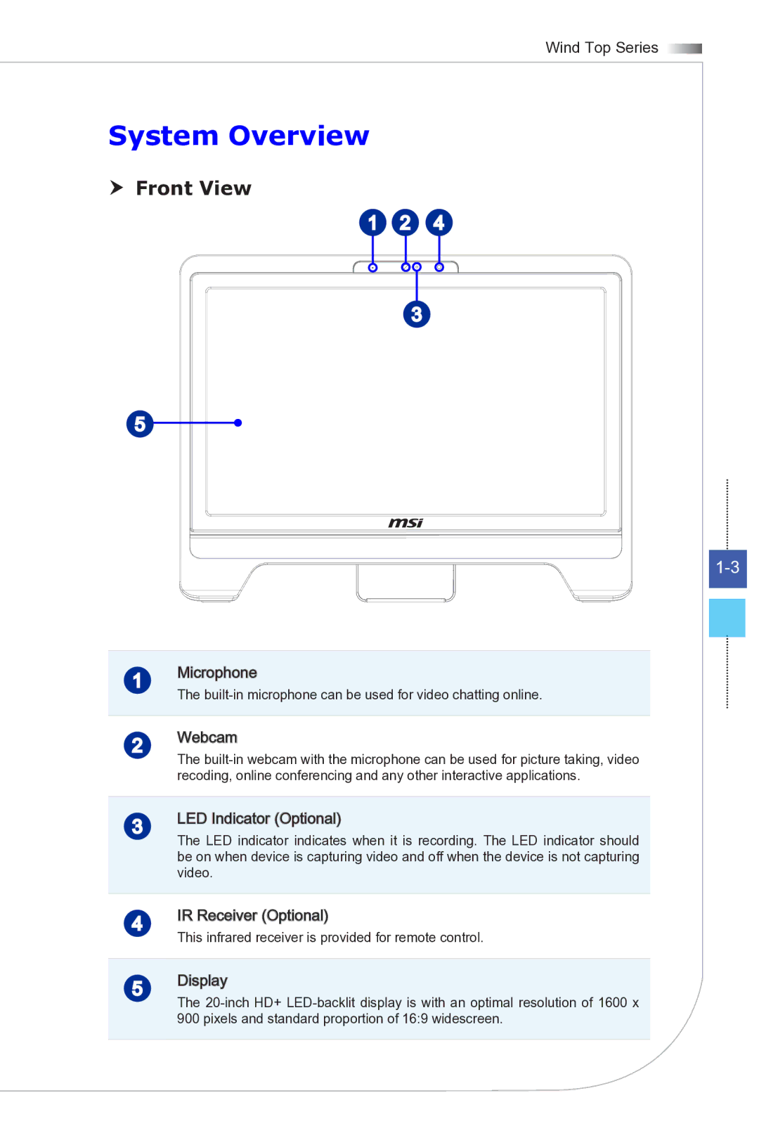 MSI Wind-Top-AE2081 manual System Overview,  Front View 