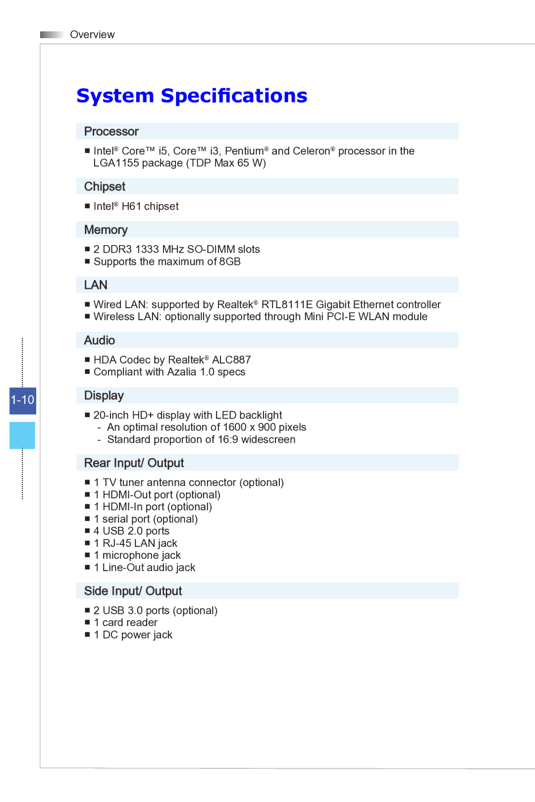 MSI Wind-Top-AE2081 manual System Specifications, Lan 