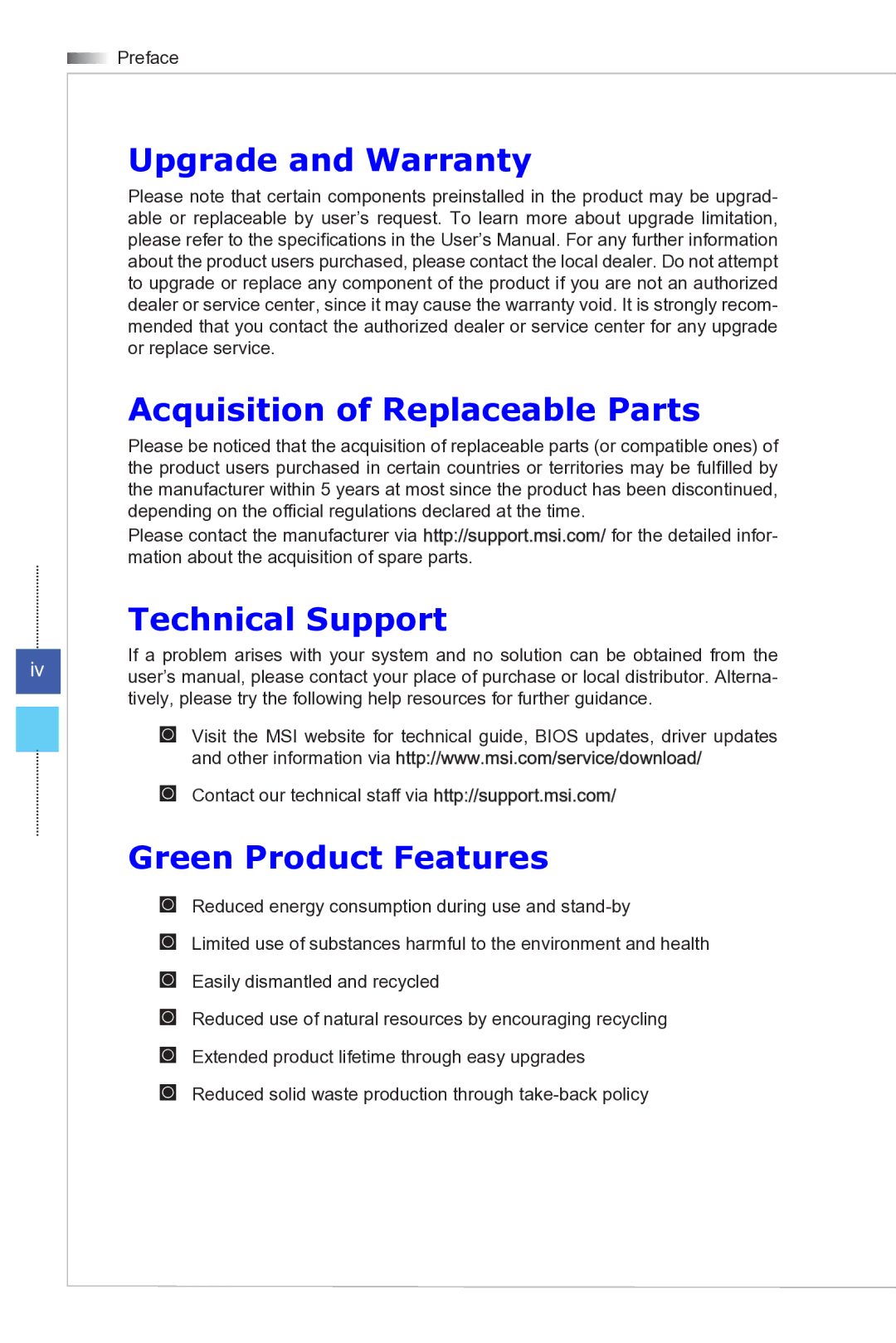 MSI Wind-Top-AE2081 Upgrade and Warranty, Acquisition of Replaceable Parts, Technical Support, Green Product Features 