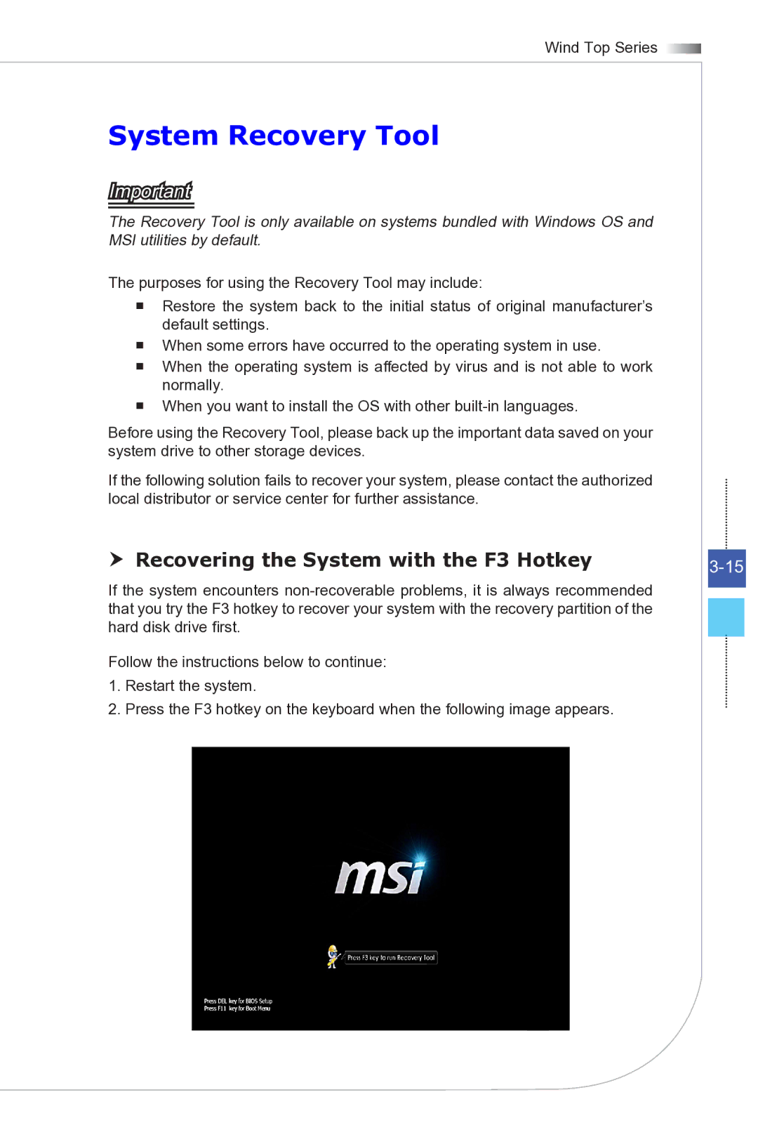 MSI Wind-Top-AE2081 manual System Recovery Tool,  Recovering the System with the F3 Hotkey 