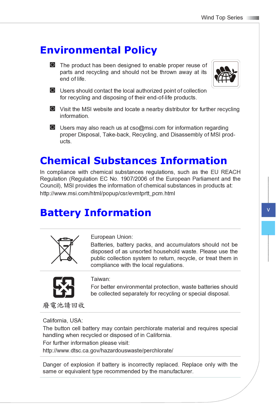 MSI Wind-Top-AE2081 manual Environmental Policy, Chemical Substances Information Battery Information 