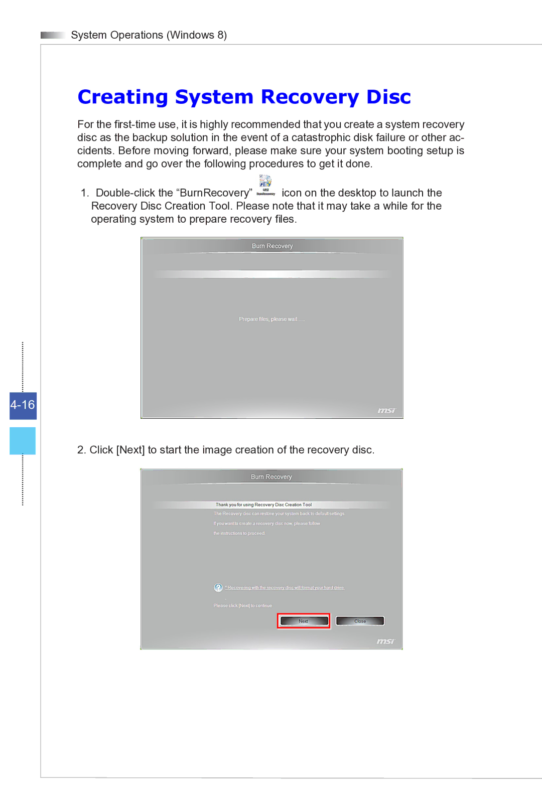 MSI Wind-Top-AE2081 manual Creating System Recovery Disc 