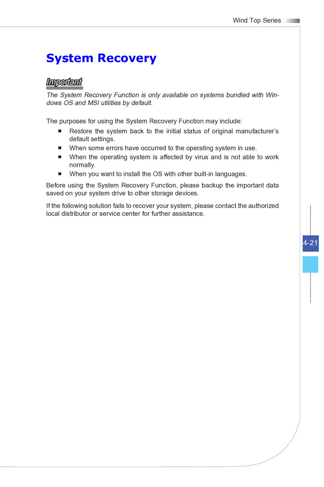 MSI Wind-Top-AE2081 manual System Recovery 