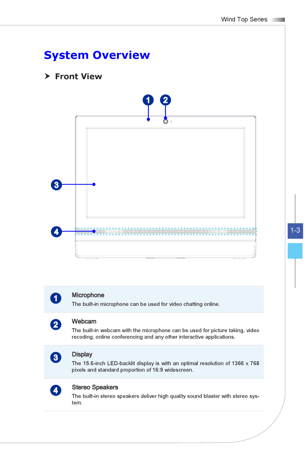 MSI Wind-Top-AP1622 manual System Overview,  Front View 