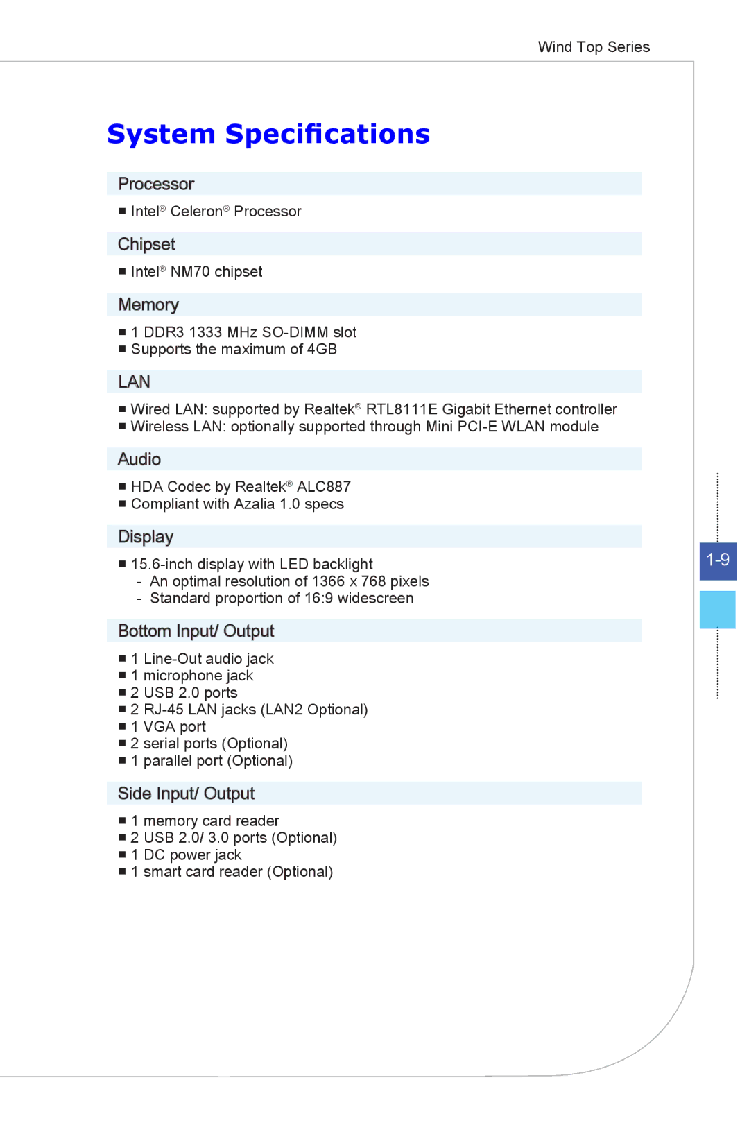 MSI Wind-Top-AP1622 manual System Specifications, Lan 