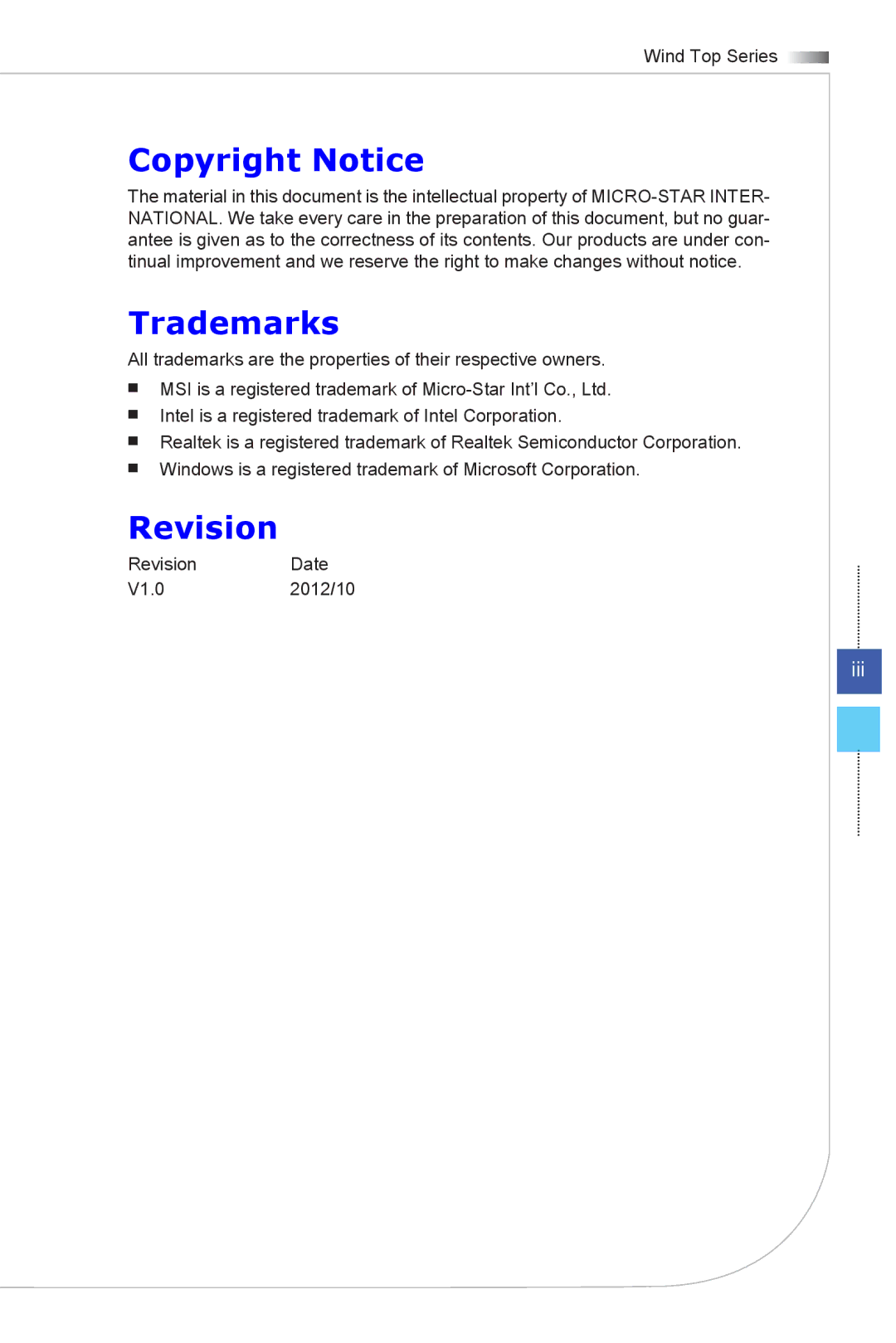 MSI Wind-Top-AP1622 manual Copyright Notice, Trademarks, Revision 