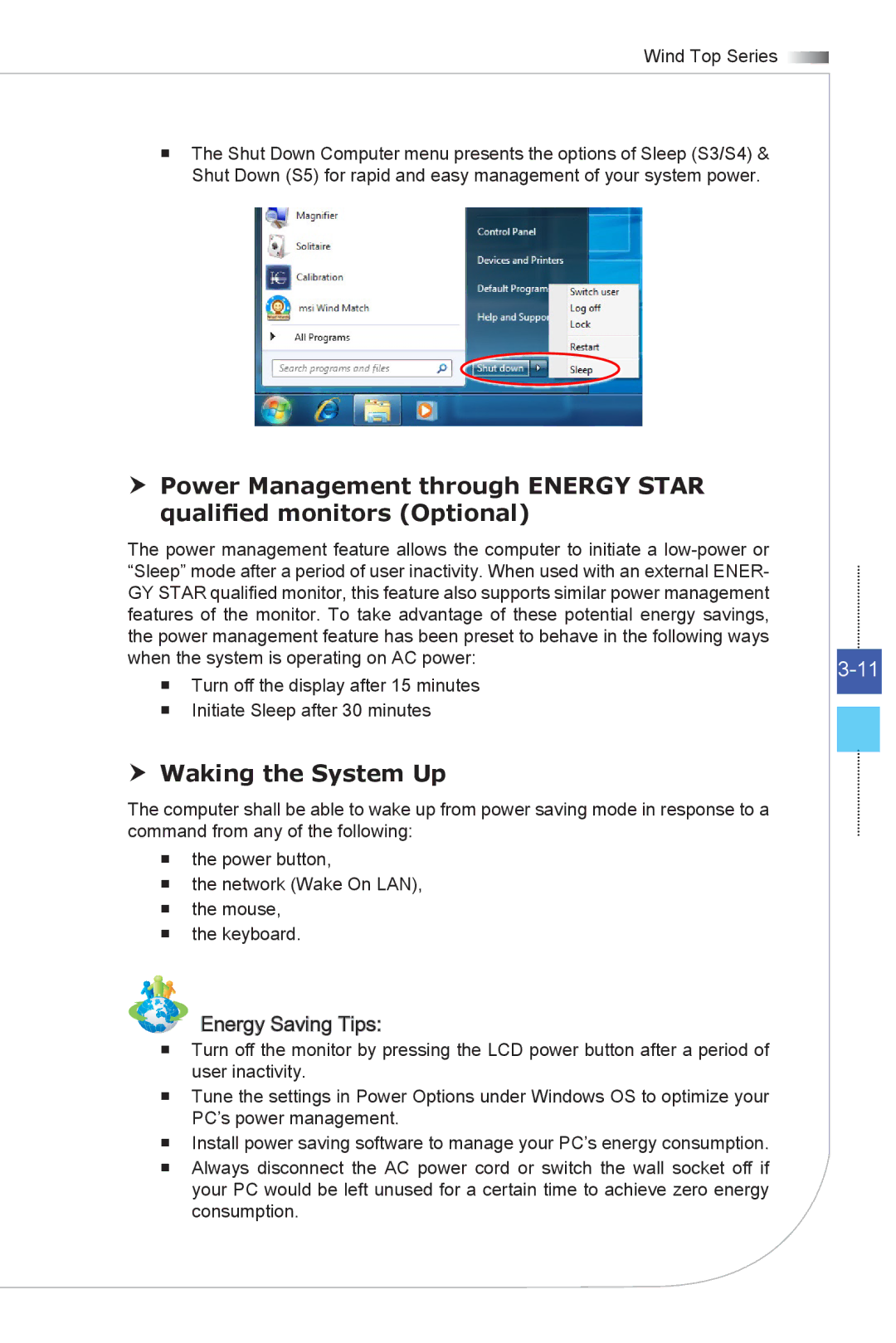 MSI Wind-Top-AP1622 manual  Waking the System Up, Energy Saving Tips 