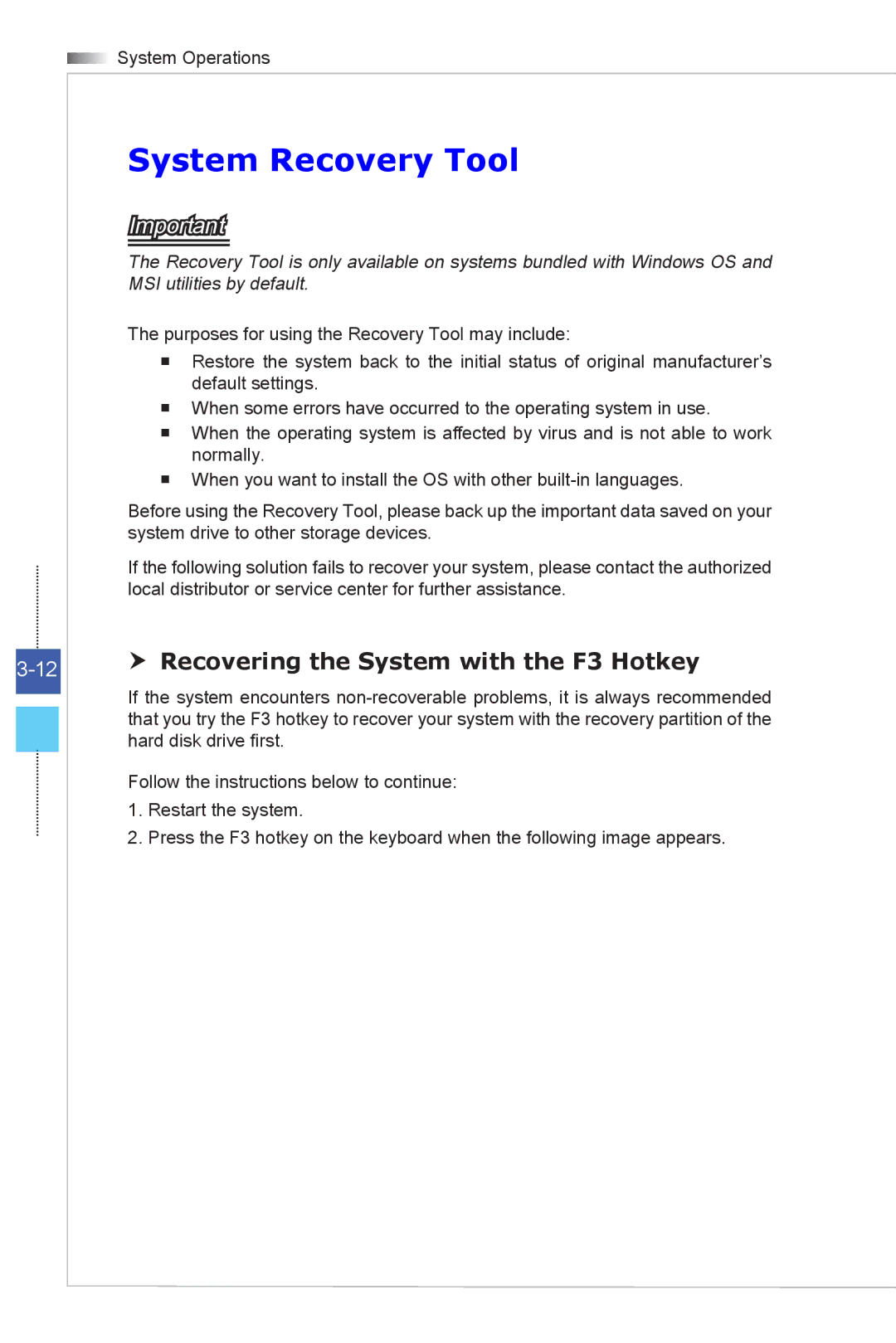 MSI Wind-Top-AP1622 manual System Recovery Tool,  Recovering the System with the F3 Hotkey 