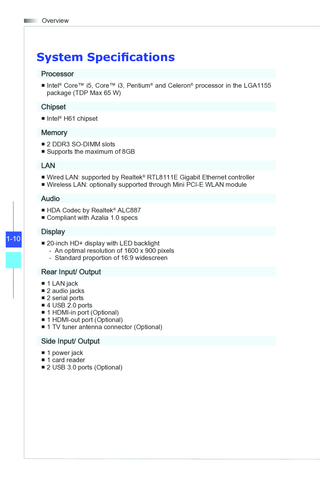 MSI Wind-Top-AP2021 manual System Specifications, Lan 