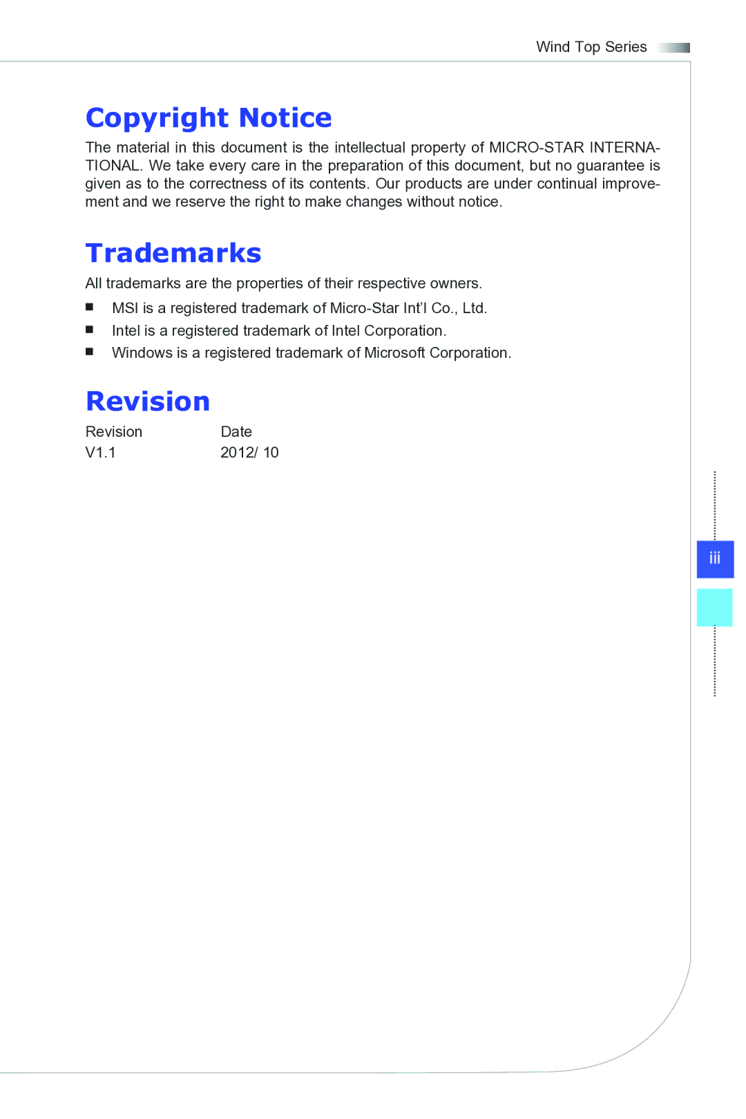 MSI Wind-Top-AP2021 manual Copyright Notice, Trademarks, Revision 