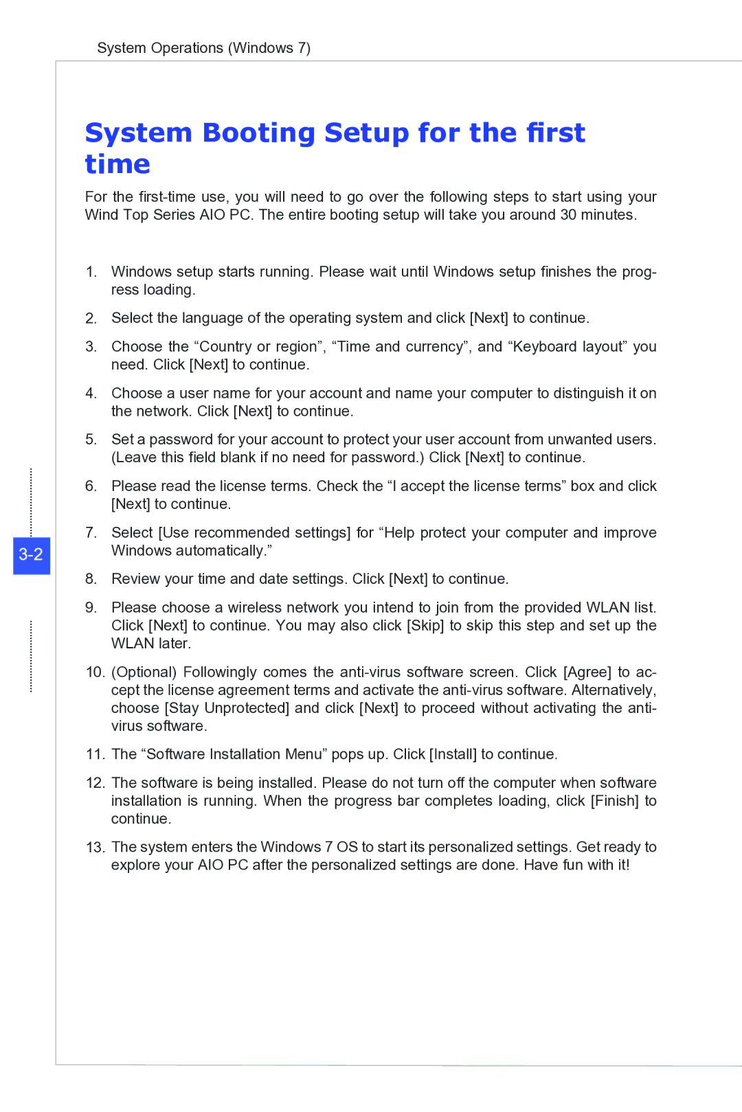 MSI Wind-Top-AP2021 manual System Booting Setup for the first time 