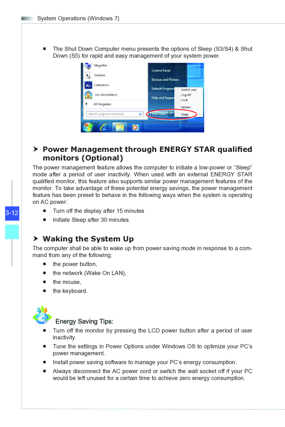 MSI Wind-Top-AP2021 manual  Waking the System Up, Energy Saving Tips 