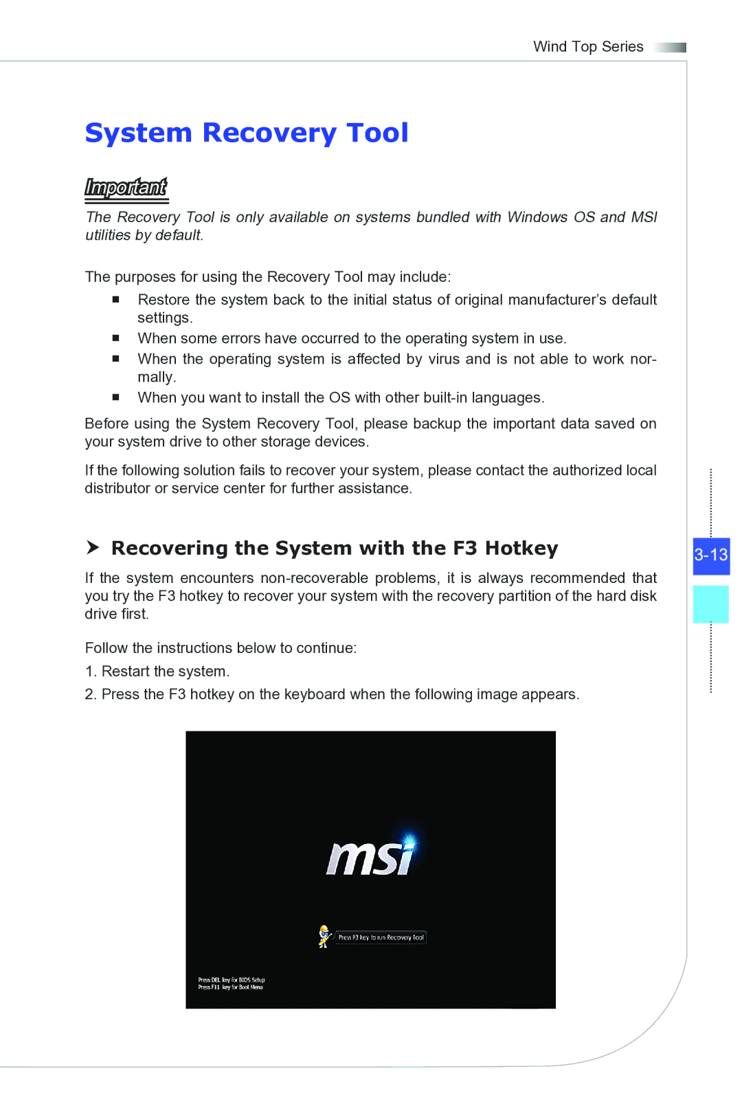 MSI Wind-Top-AP2021 manual System Recovery Tool,  Recovering the System with the F3 Hotkey 