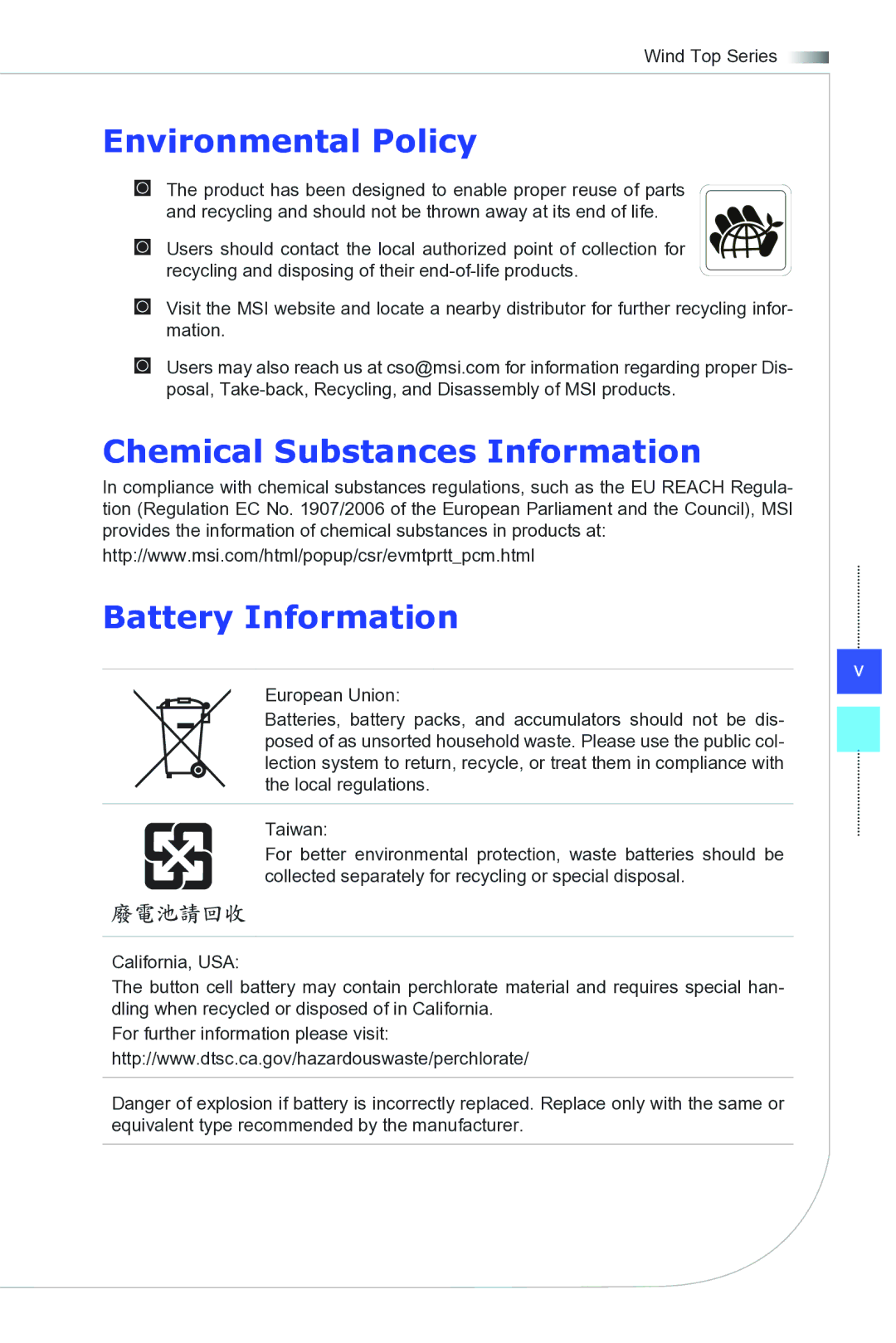 MSI Wind-Top-AP2021 manual Environmental Policy, Chemical Substances Information Battery Information 