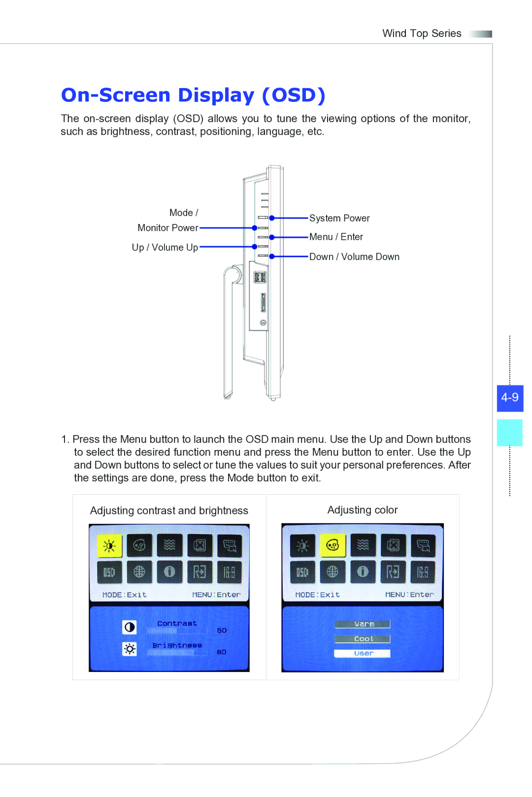 MSI Wind-Top-AP2021 manual On-Screen Display OSD 