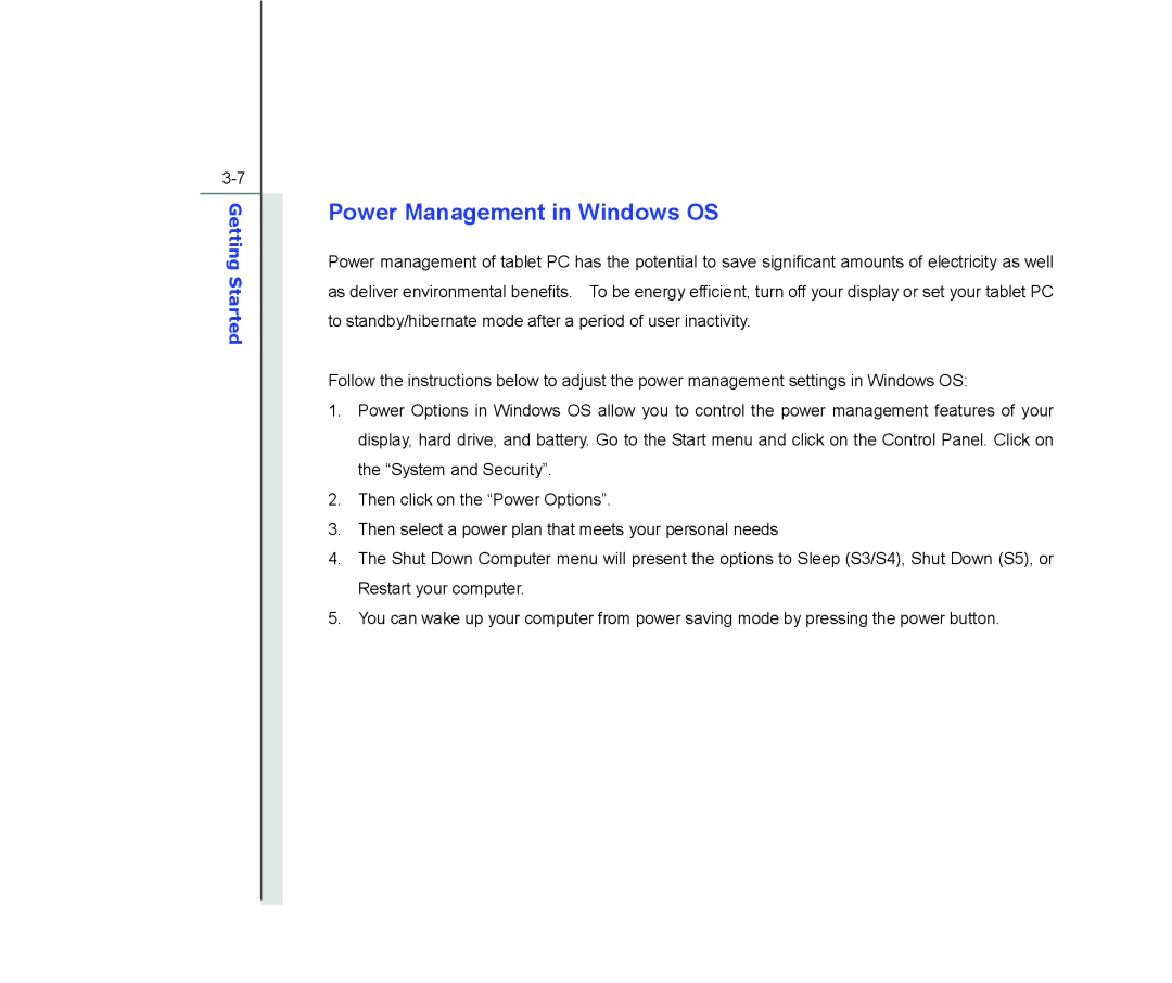 MSI WindPad 110W manual Power Management in Windows OS 