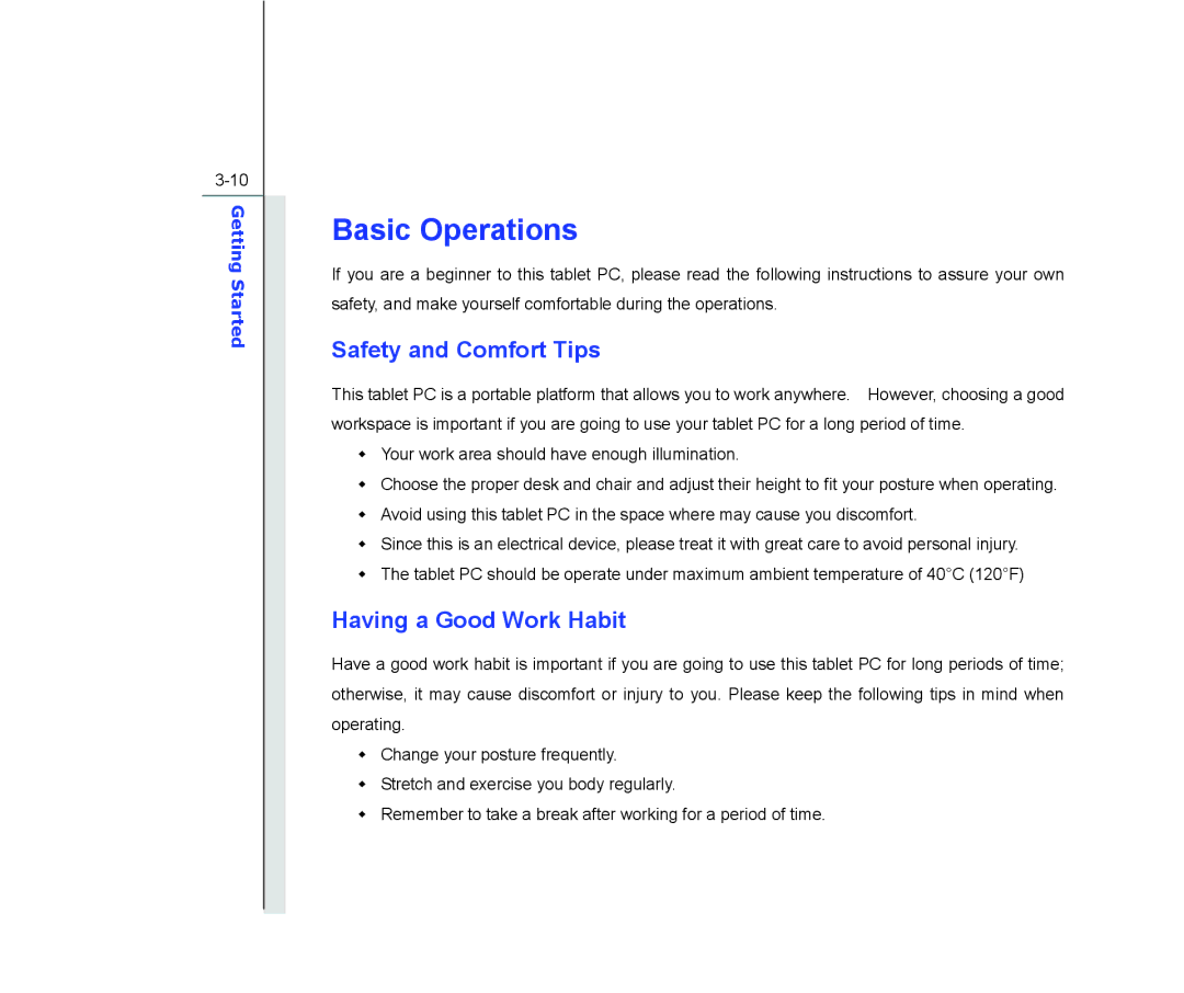 MSI WindPad 110W manual Basic Operations, Safety and Comfort Tips, Having a Good Work Habit 
