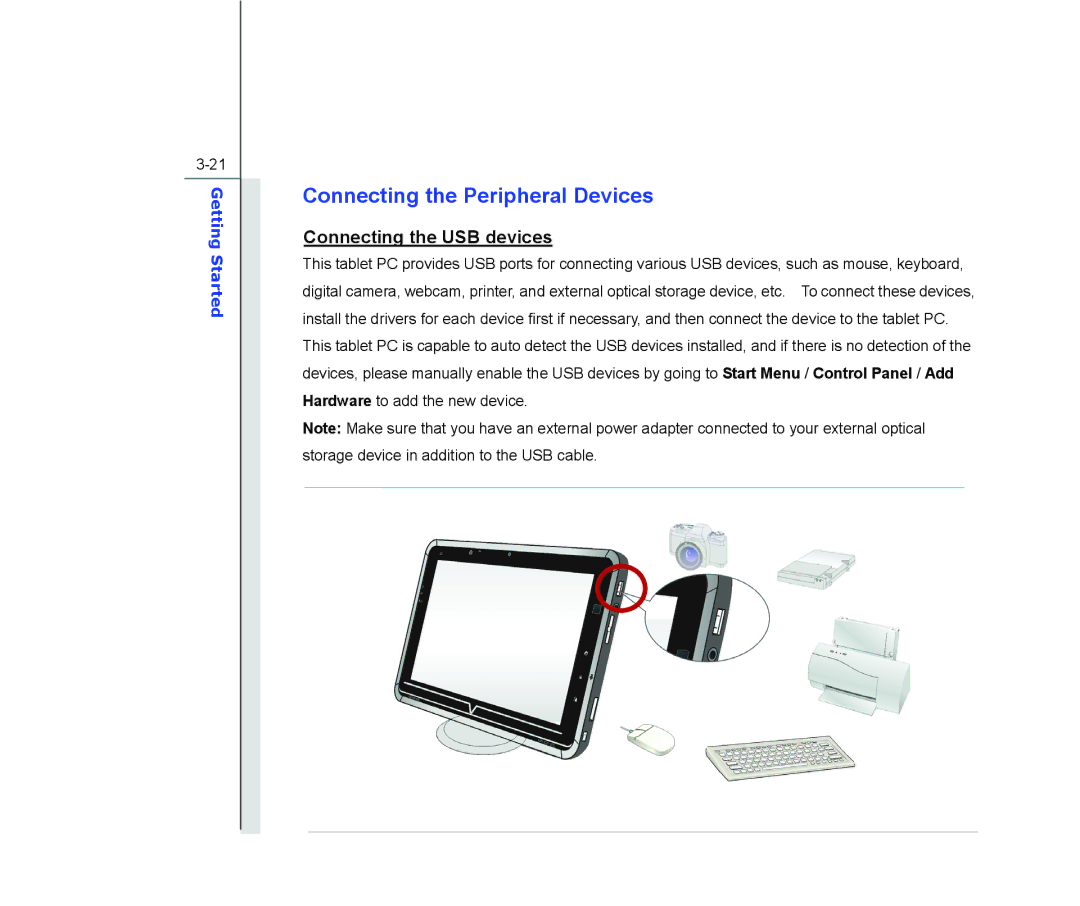 MSI WindPad 110W manual Connecting the Peripheral Devices, Connecting the USB devices 