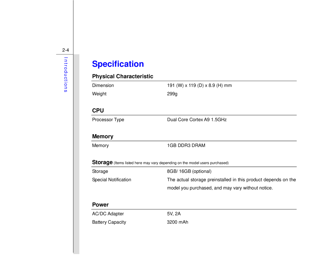 MSI WindPad Enjoy 71 manual Specification, Physical Characteristic, Memory, Power 