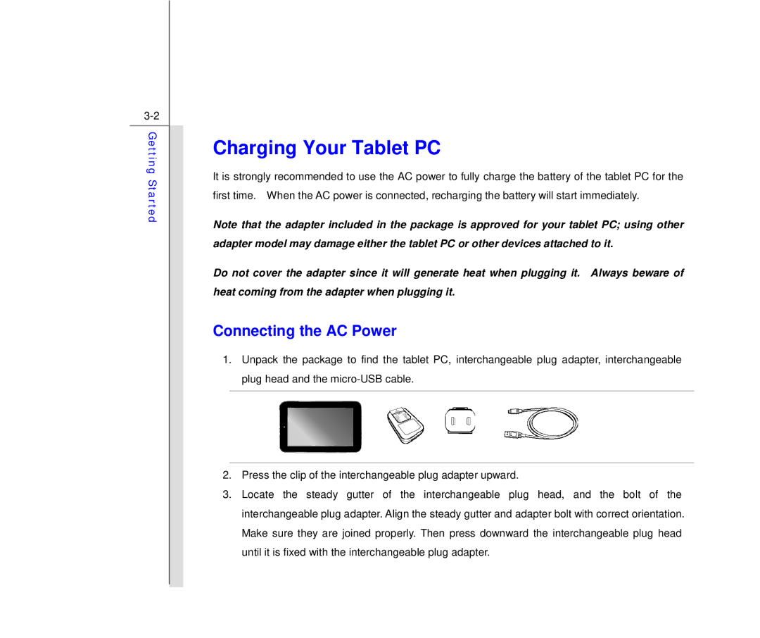 MSI WindPad Enjoy 71 manual Charging Your Tablet PC, Connecting the AC Power 