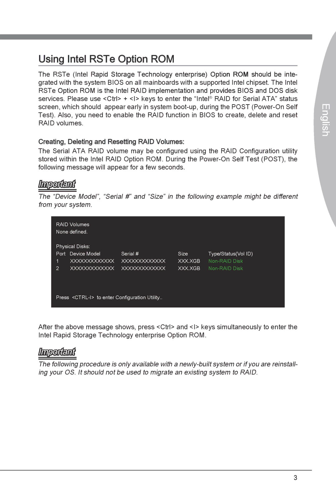 MSI X79A-GD45 manual Using Intel RSTe Option ROM, English 