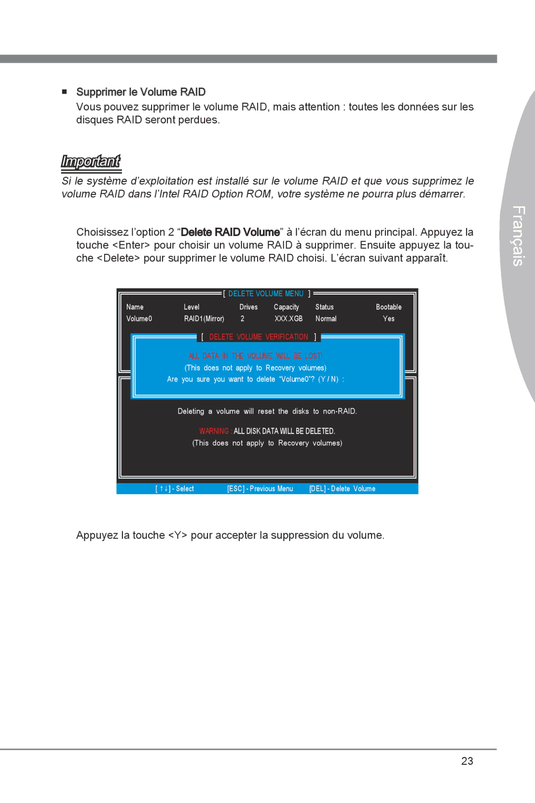 MSI Z68A-GD55 (B3) manual Appuyez la touche Y pour accepter la suppression du volume 