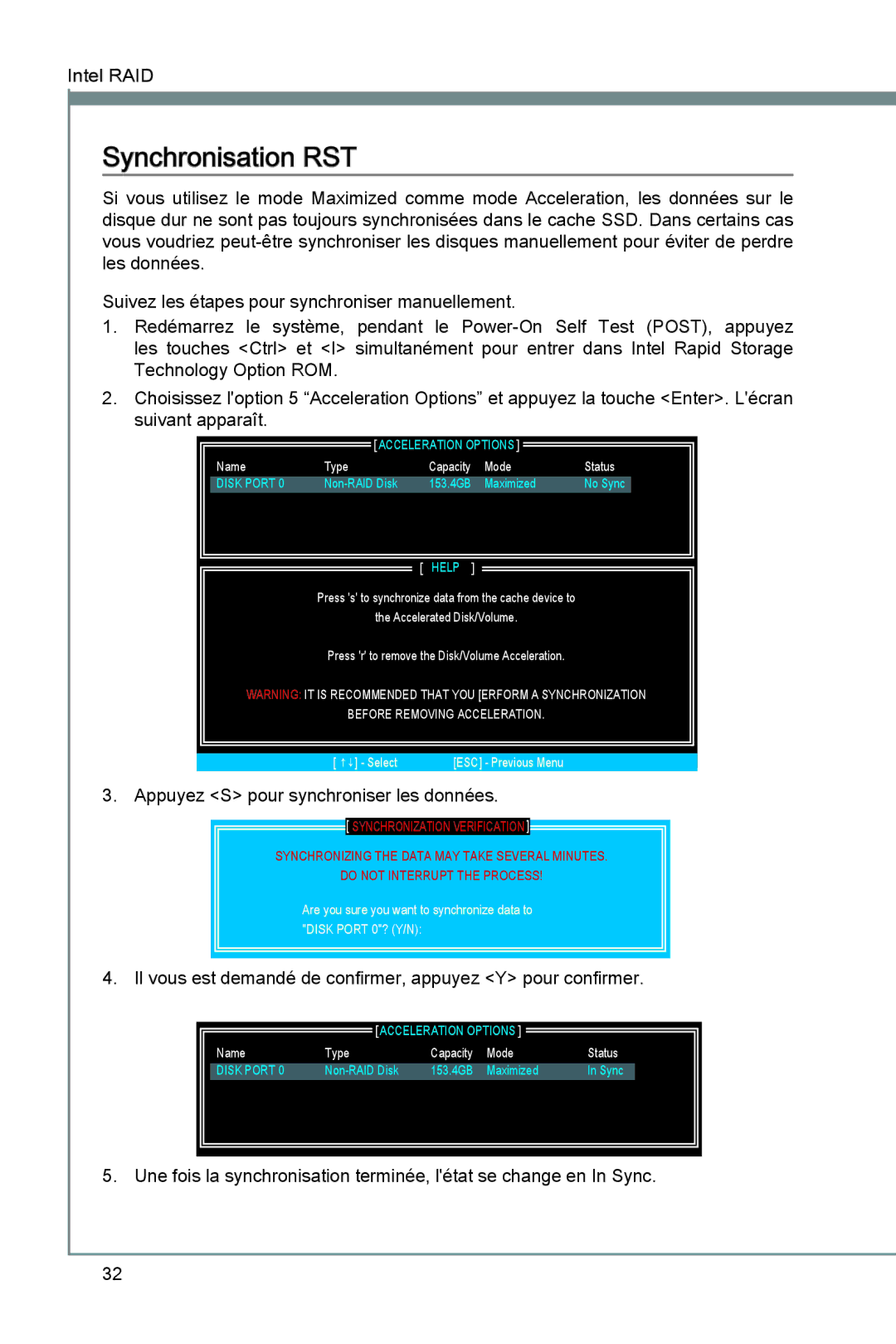 MSI Z68A-GD55 (B3) manual Synchronisation RST, Appuyez S pour synchroniser les données 