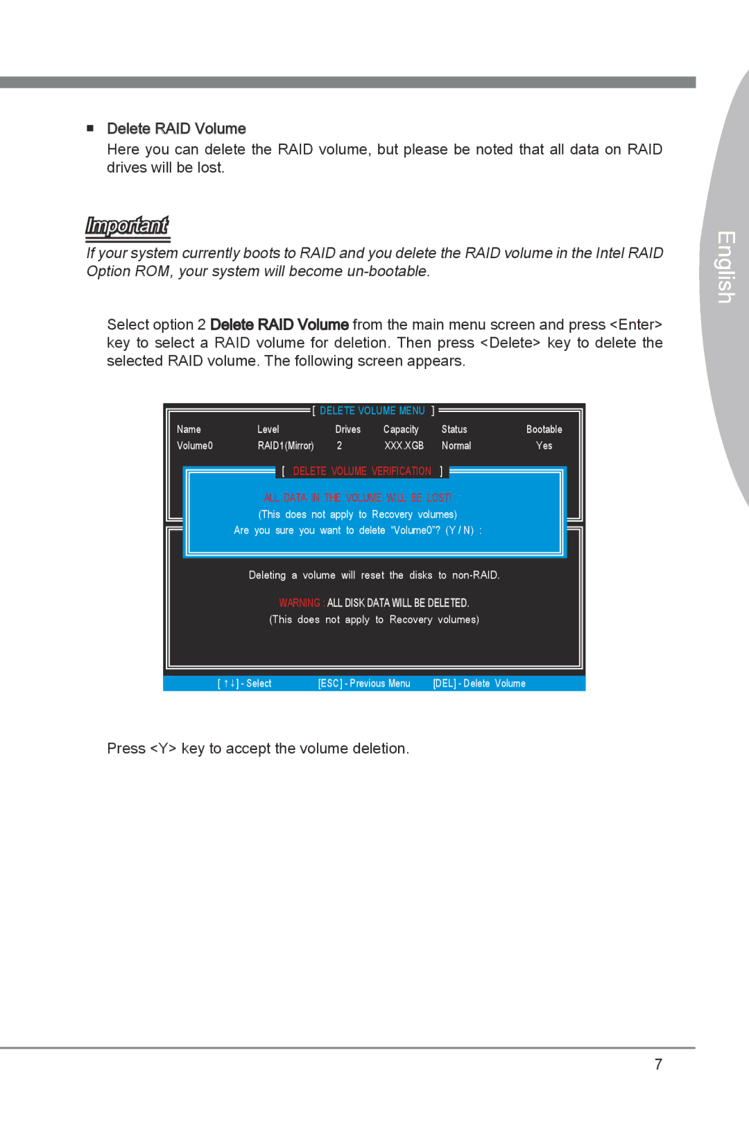 MSI Z68A-GD55 (B3) manual Press Y key to accept the volume deletion, Normal 