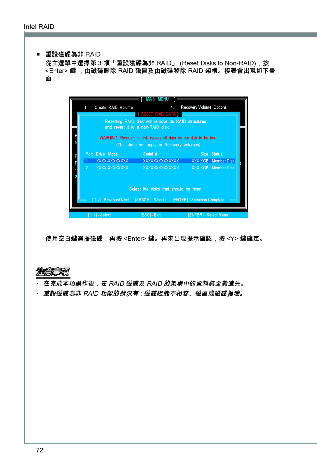 MSI Z68A-GD55 (B3) manual Enter 鍵 ，由磁碟刪除 RAID 磁區及由磁碟移除 RAID 架構。接著會出現如下畫 面：, 使用空白鍵選擇磁碟，再按 Enter 鍵。再來出現提示確認，按 Y 鍵確定。 