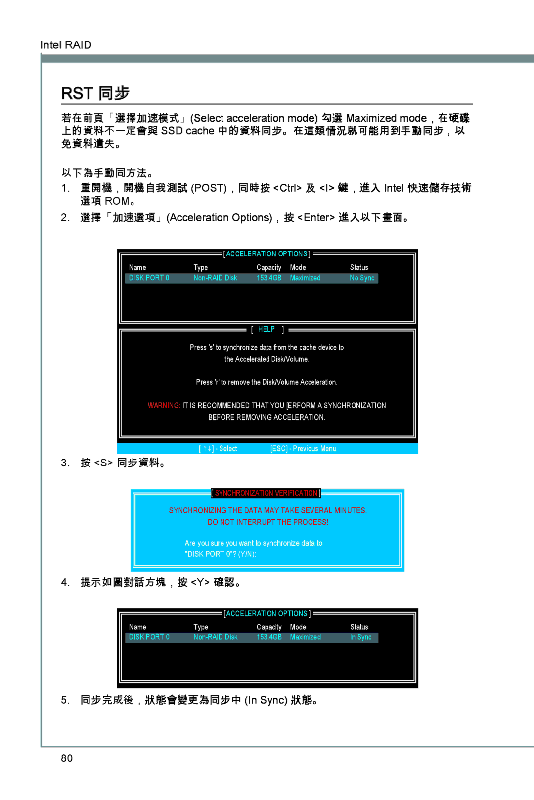 MSI Z68A-GD55 (B3) manual Rst 同步, S 同步資料。, 提示如圖對話方塊，按 Y 確認。, 同步完成後，狀態會變更為同步中 In Sync 狀態。 