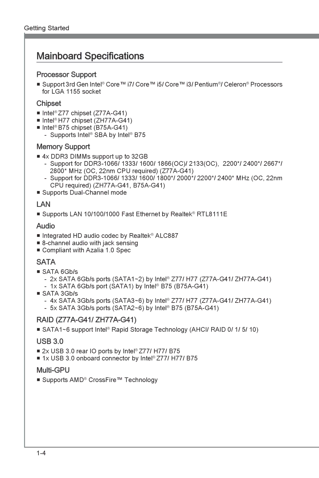 MSI Z77A-G41 manual Mainboard Specifications, Processor Support 