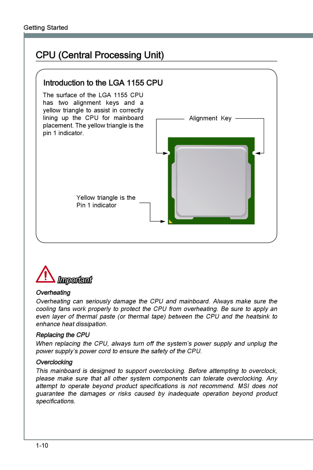 MSI Z77A-G41 manual CPU Central Processing Unit, Introduction to the LGA 1155 CPU 