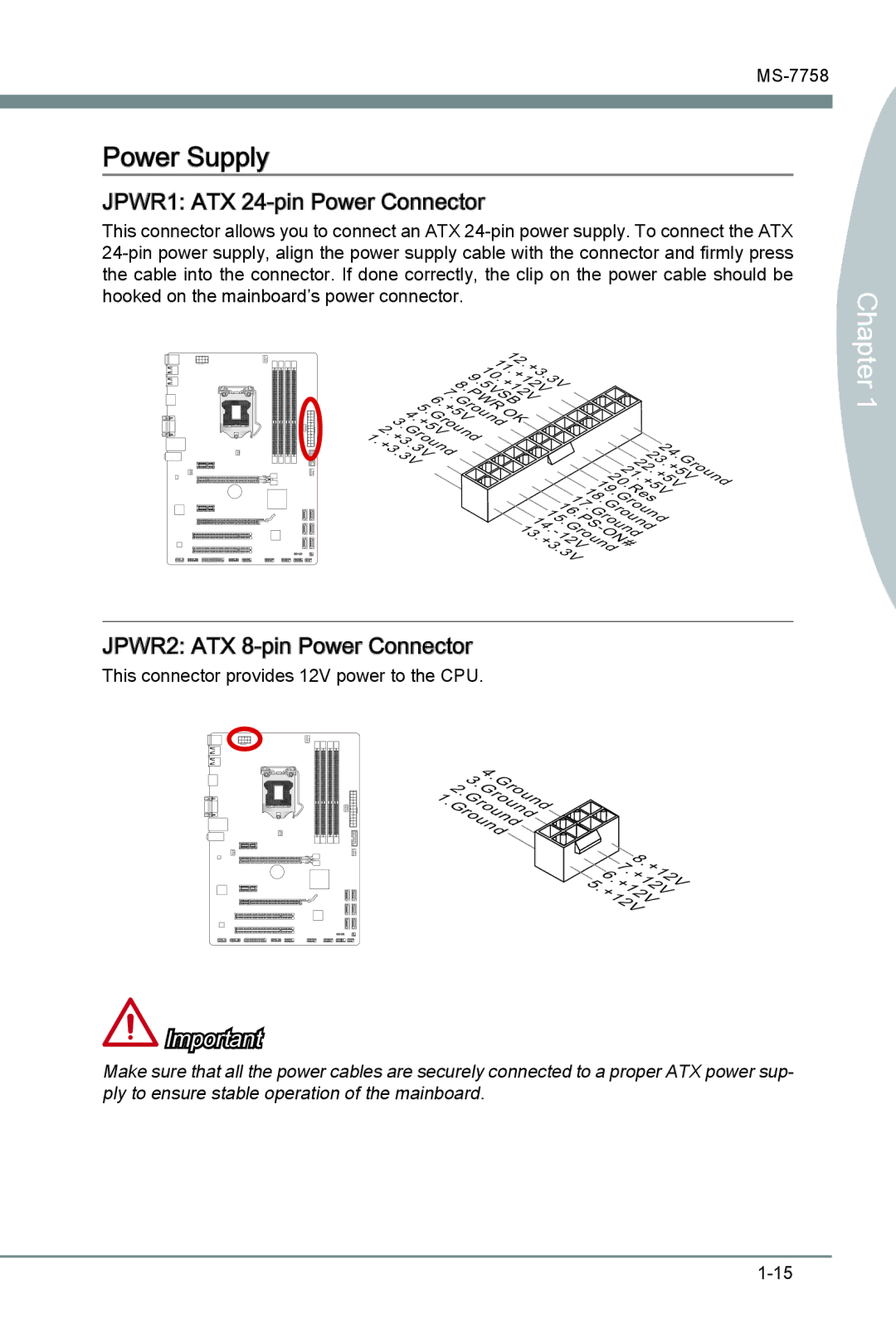 MSI Z77A-G41 manual Power Supply, JPWR1 ATX 24-pin Power Connector, JPWR2 ATX 8-pin Power Connector 